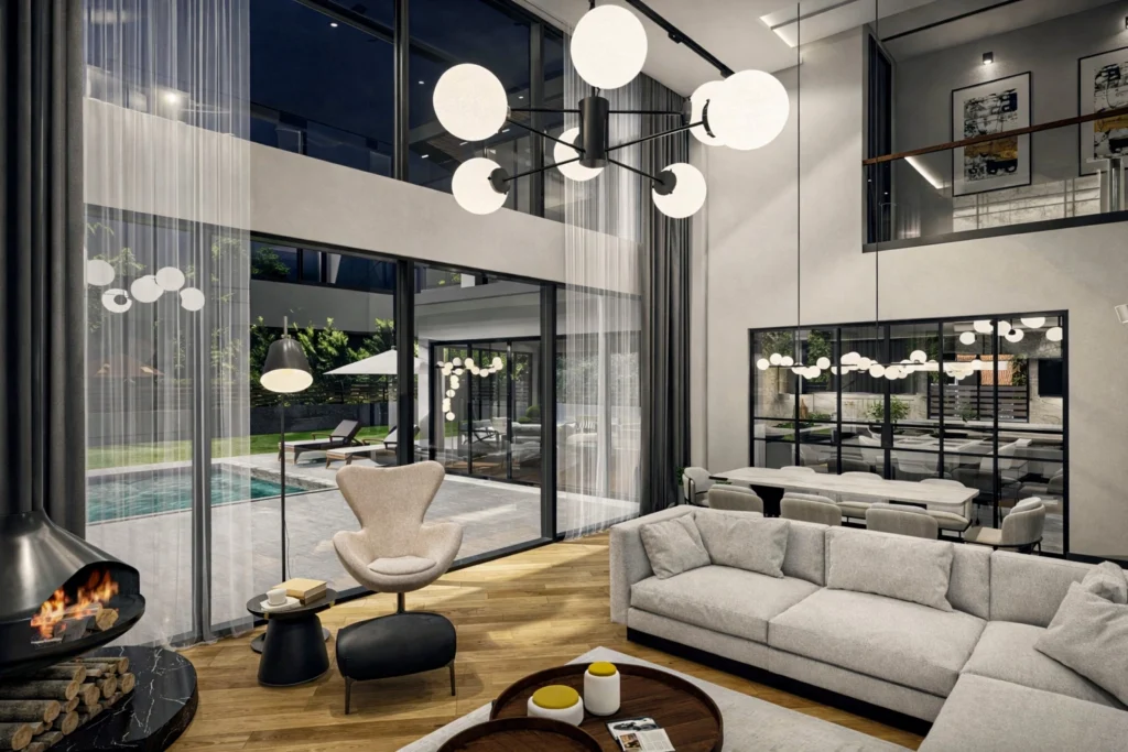 U.S. Villa salon ve yemek alanı — çift yükseklikte modern villa tasarımı, mermer TV duvarı, boiserie panel ve moleküler sputnik avize