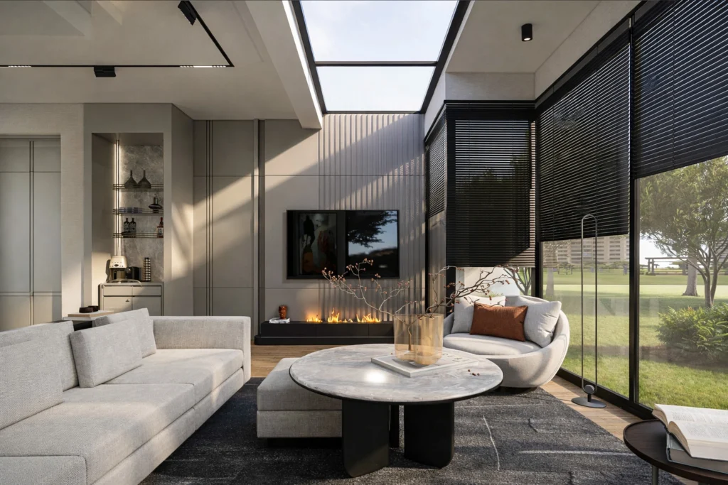 E.G. Villa modern salon tasarımı — mermer orta sehpa, lineer şömine, tam boy cam cephe ve doğal ışık alan oturma düzeni