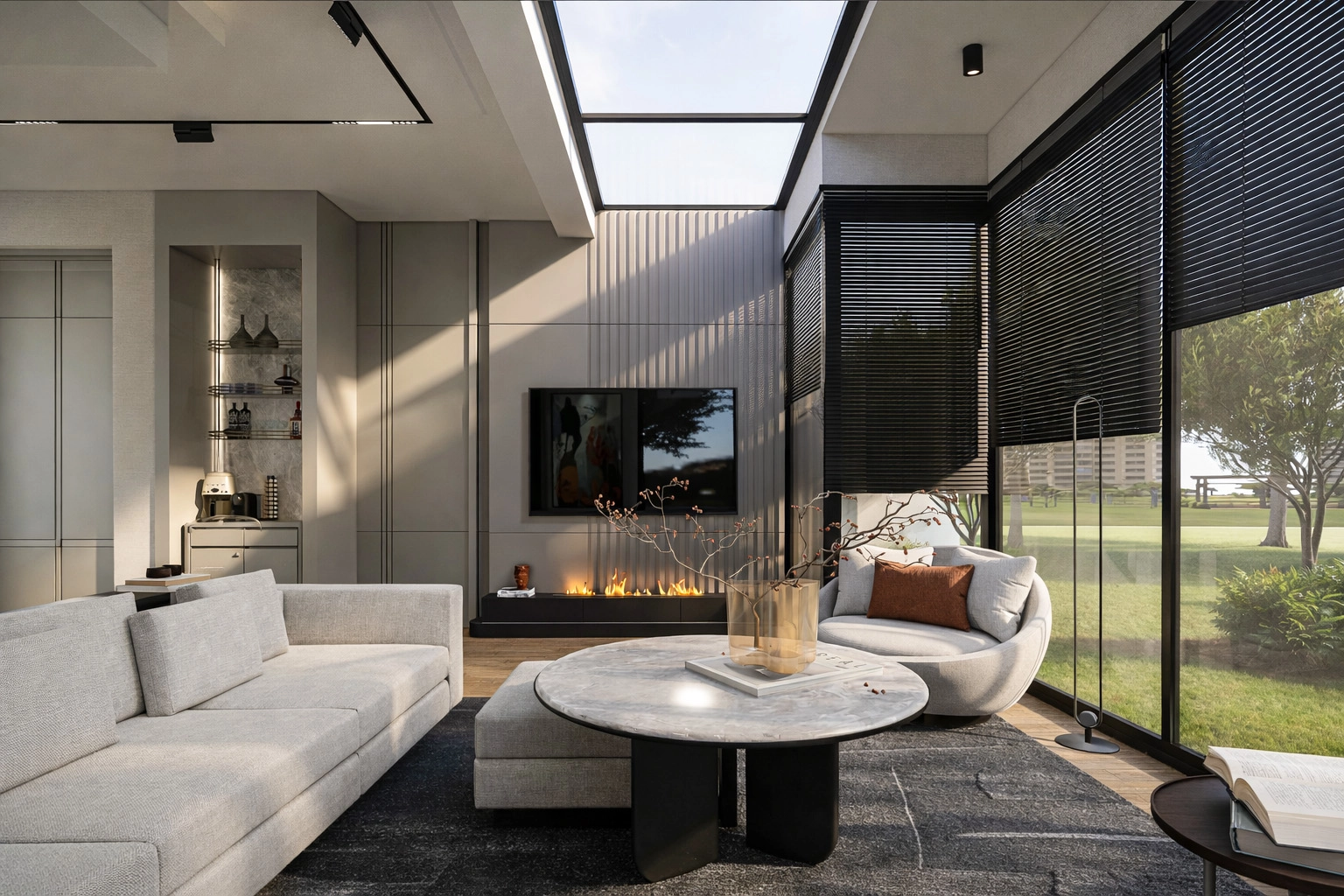 Ankara villa iç mimarlık tasarımı — çift ışık salon, doğal malzemeler ve bahçe manzarası