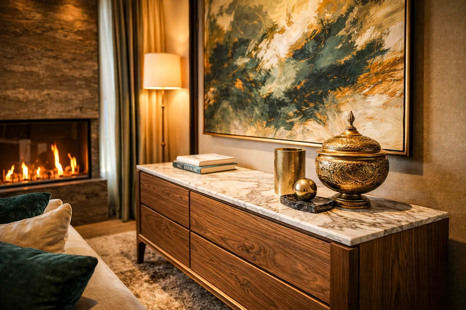 Villa lüks detaylar — özel imalat mobilya, şömine ve birinci sınıf malzemeler