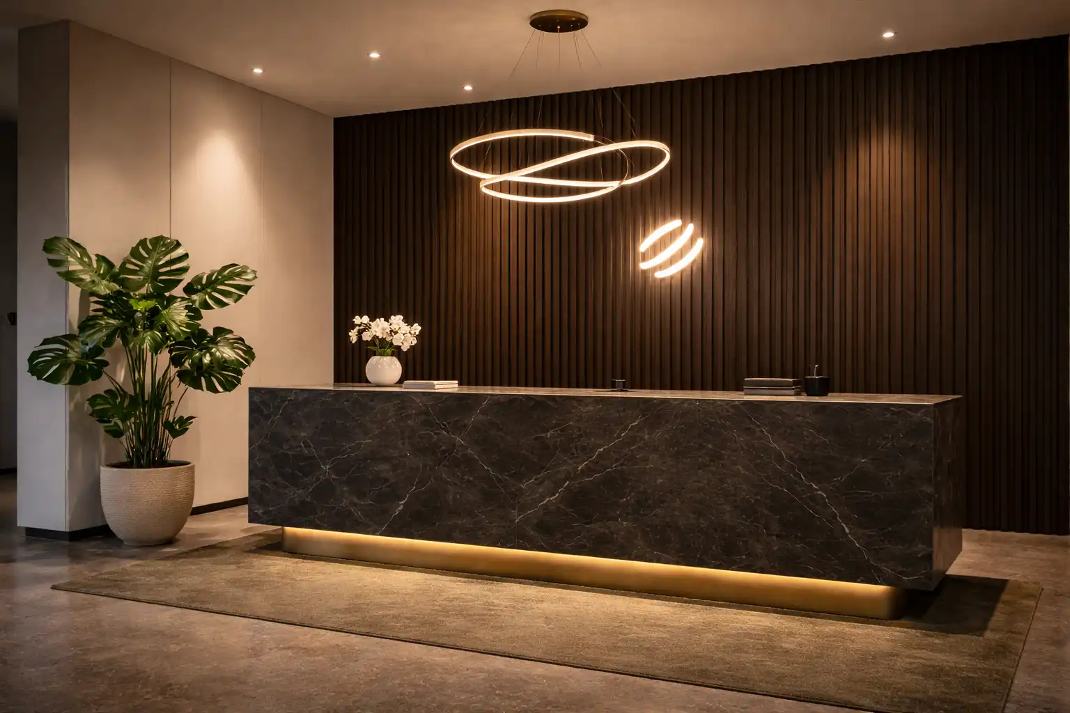 Kurumsal ofis marka yansıtması — logo duvarı ve kurumsal renkler