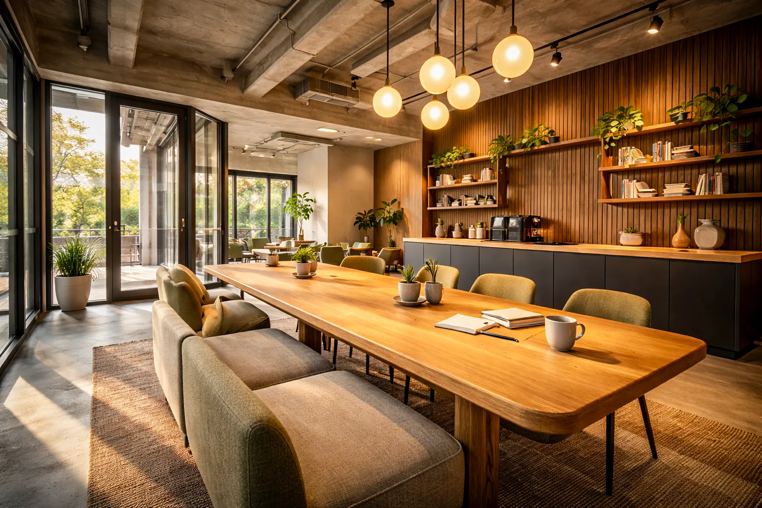 Ortak çalışma topluluk alanları — etkinlik salonu ve iş birliği bölgeleri