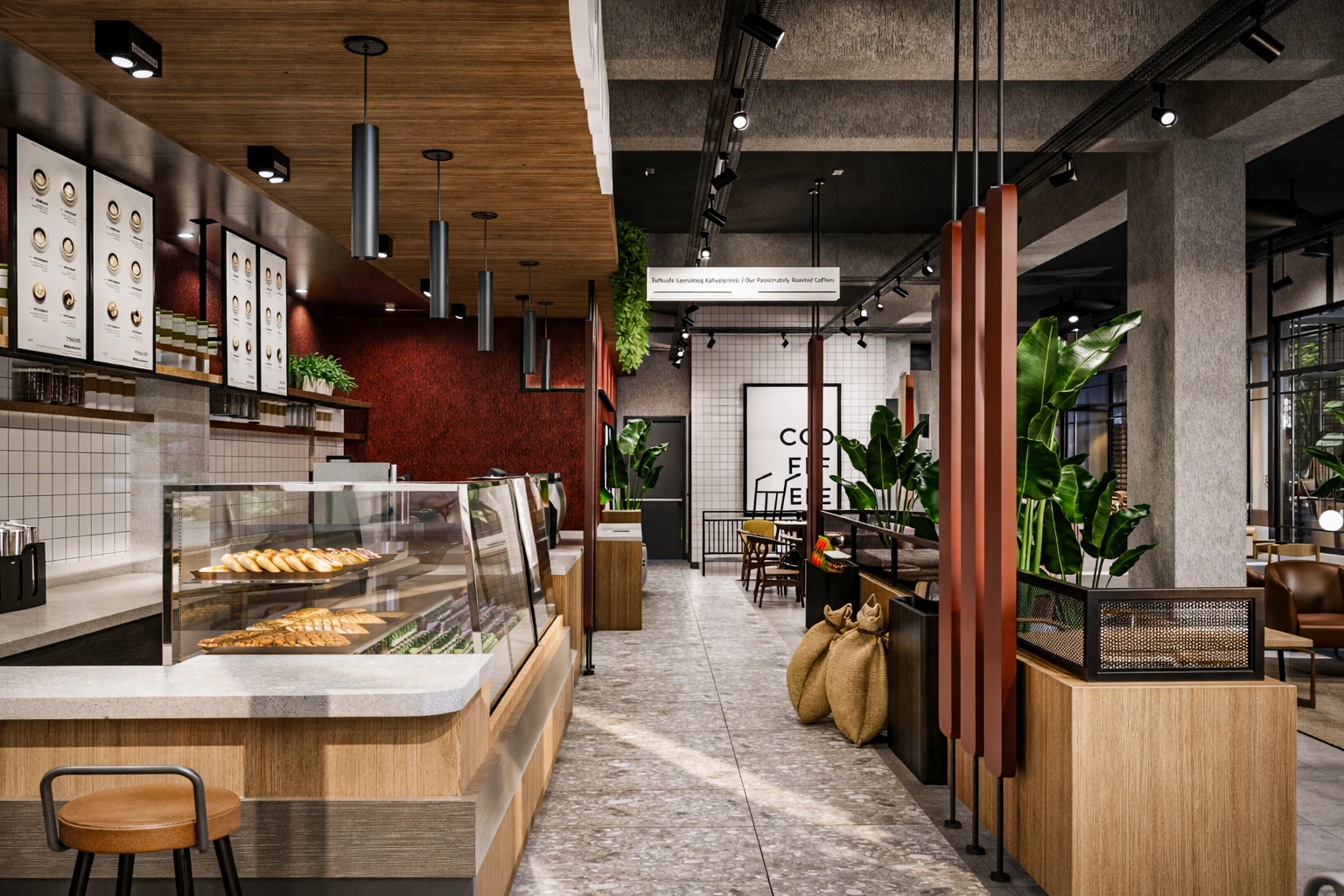 Crovie Coffee iç mekan, ahşap bar tezgahı, terracotta sütunlar, asma bitkiler ve CROVIE tabelası