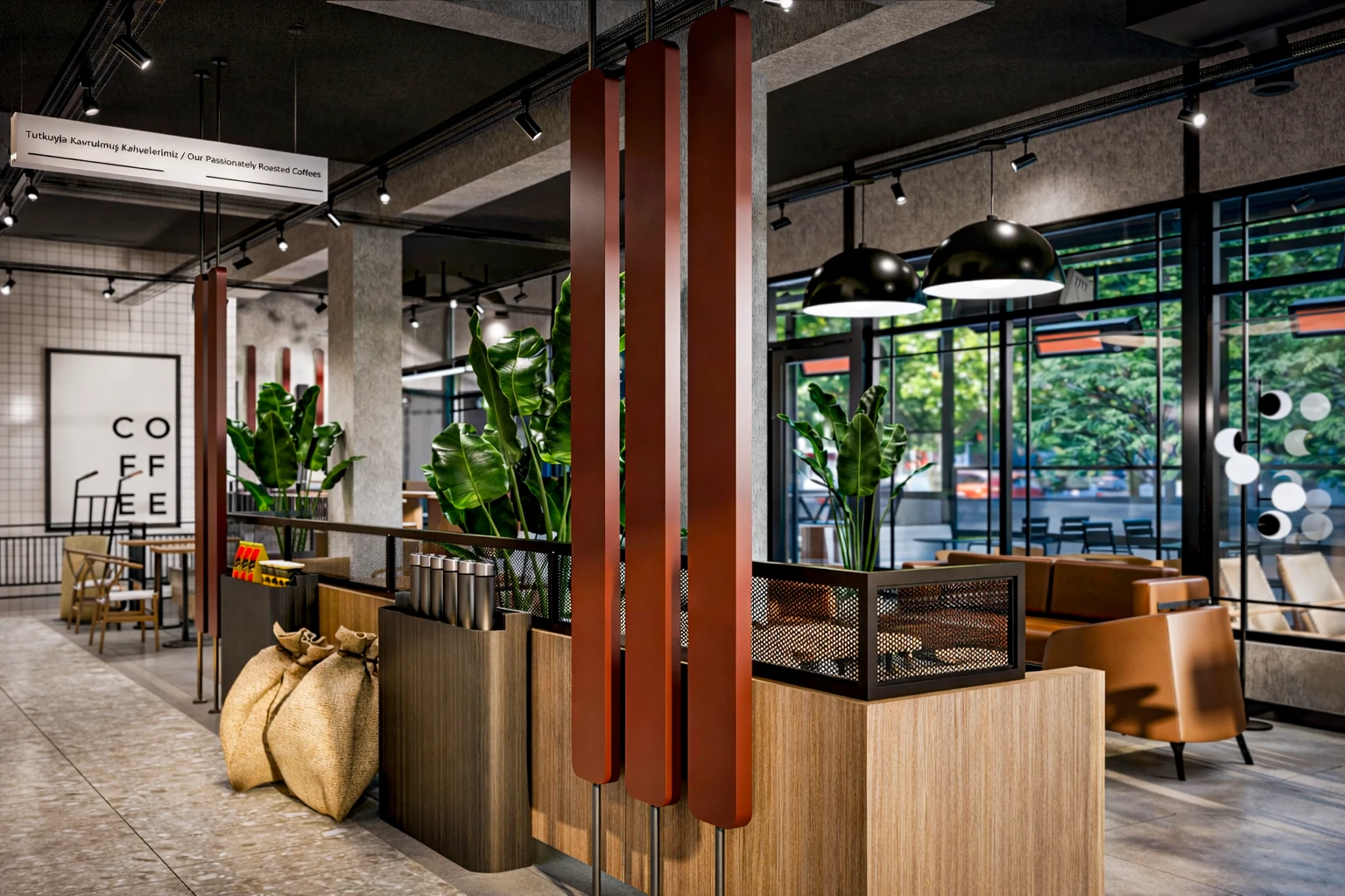 Crovie Coffee iç mekan giriş aksı, kahve çuvalları, terracotta bölücüler ve espresso makinesi