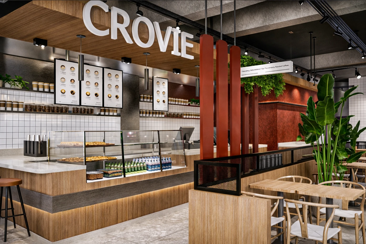 Crovie Coffee iç mekan oturum alanı, COFFEE tipografik tablo, banket oturma ve iç bahçe bitkileri