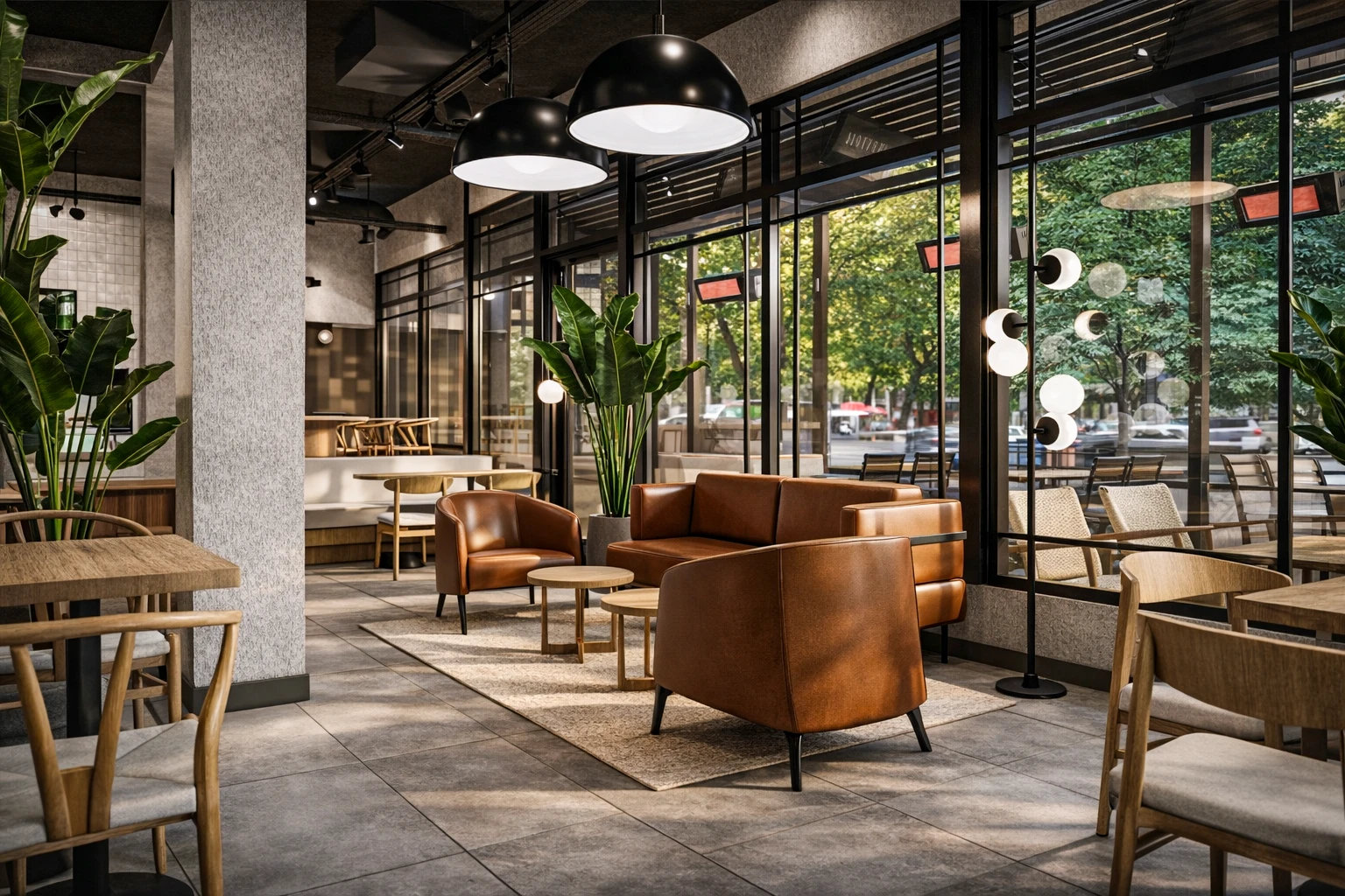 Crovie Coffee iç mekan, terracotta sütunlar, cam cephe, bahçe görünümü ve bej oturma grubu