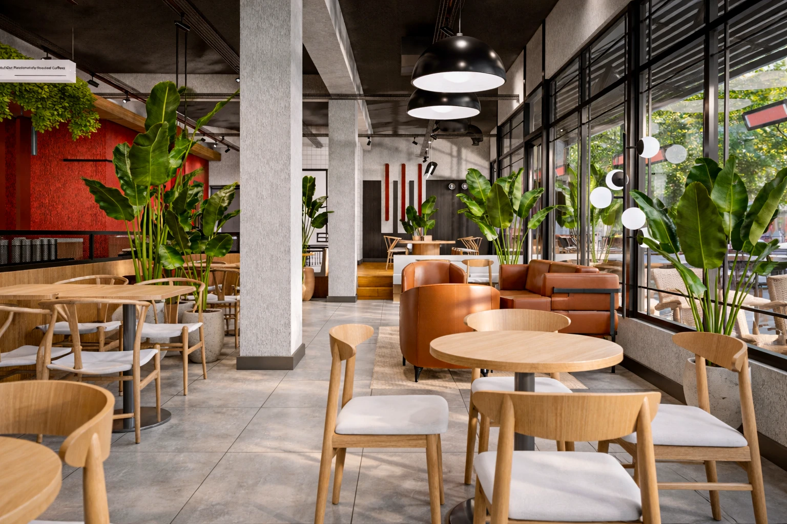 Crovie Coffee iç mekan oturum alanı, meşe masalar, kubbe avizeler, terracotta koltuklar ve iç bahçe