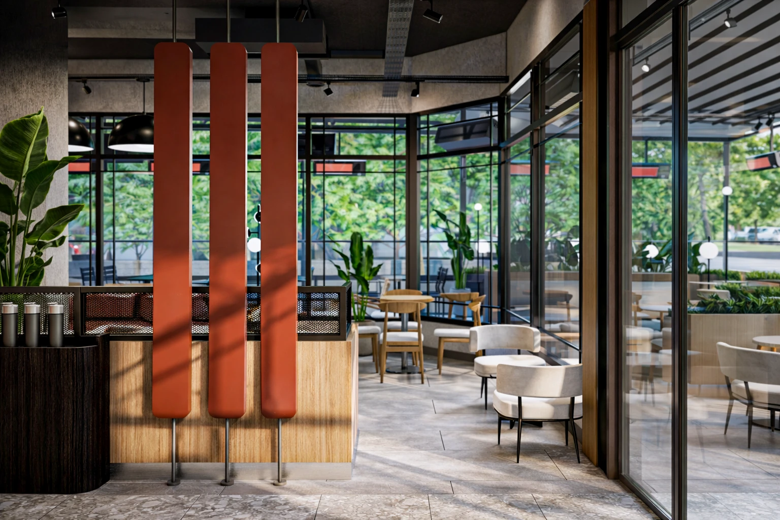 Crovie Coffee iç mekan oturum alanı, kahverengi deri koltuklar, kubbe avizeler ve cam cephe