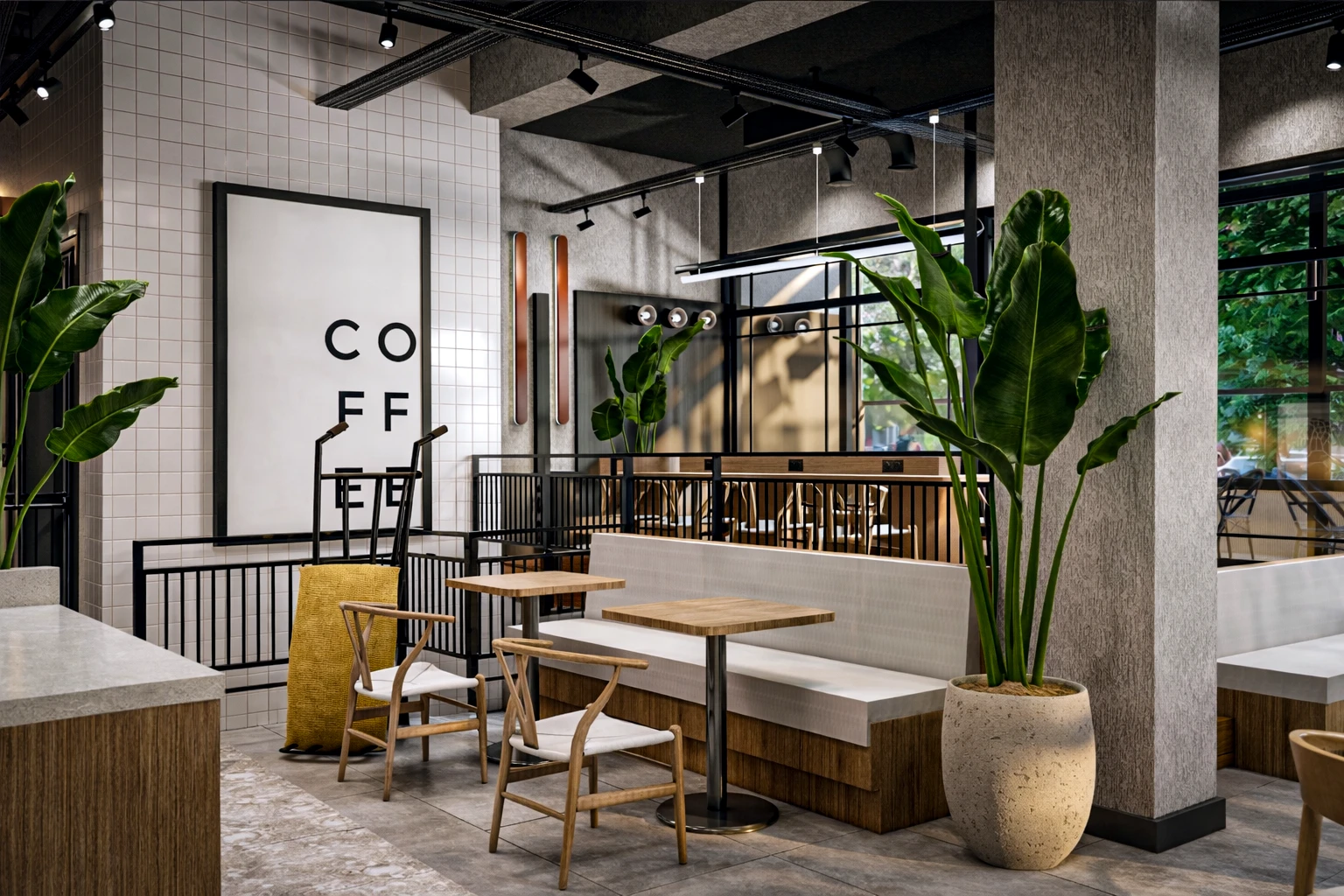 Crovie Coffee kafe iç mekan tasarımı, ahşap bar tezgahı, CROVIE tabelası, menü panoları ve pastane vitrini, Ruler İç Mimarlık Ankara