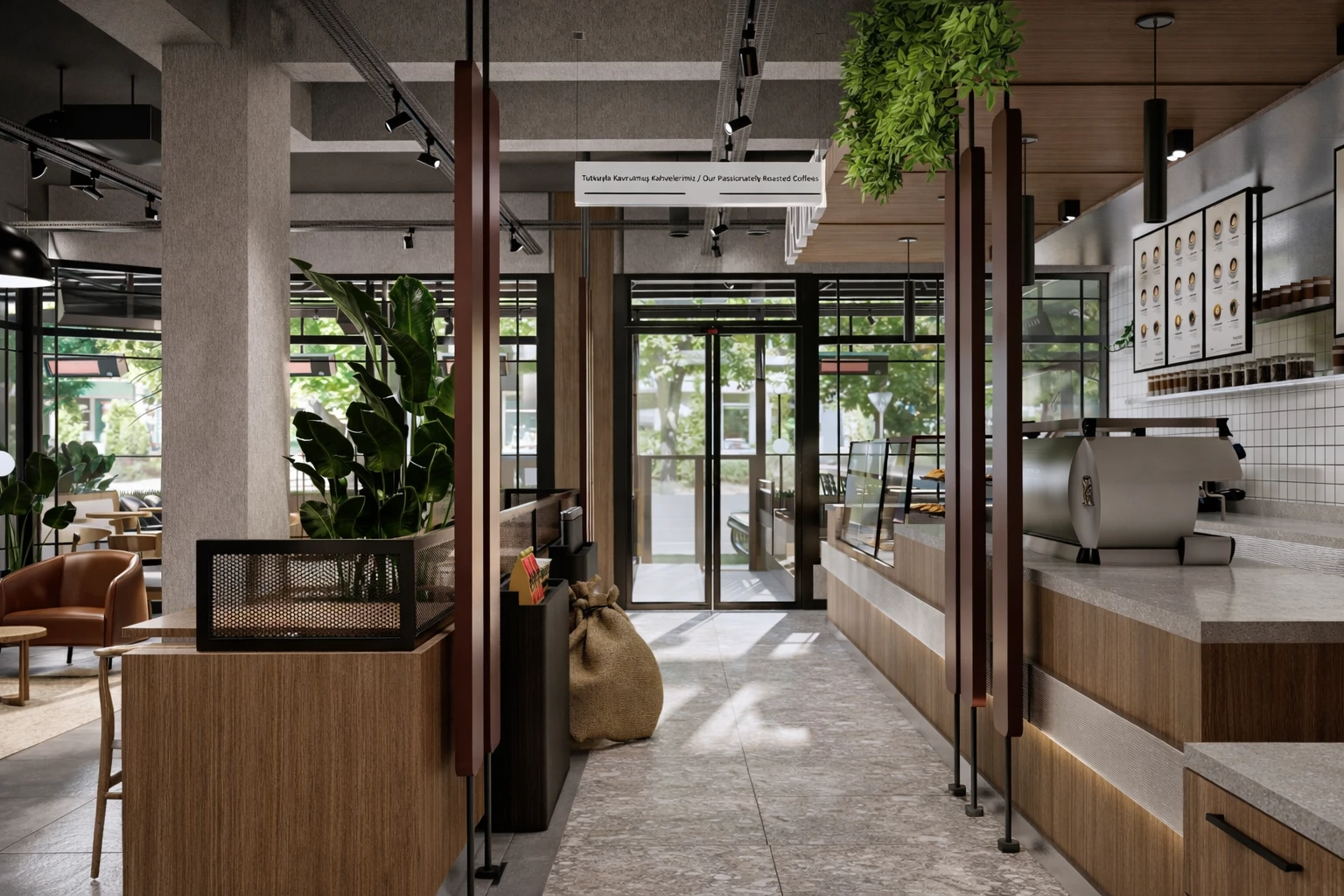 Crovie Coffee iç mekan, terracotta bölücüler, kahve çuvalları, kubbe avizeler ve oturma alanı