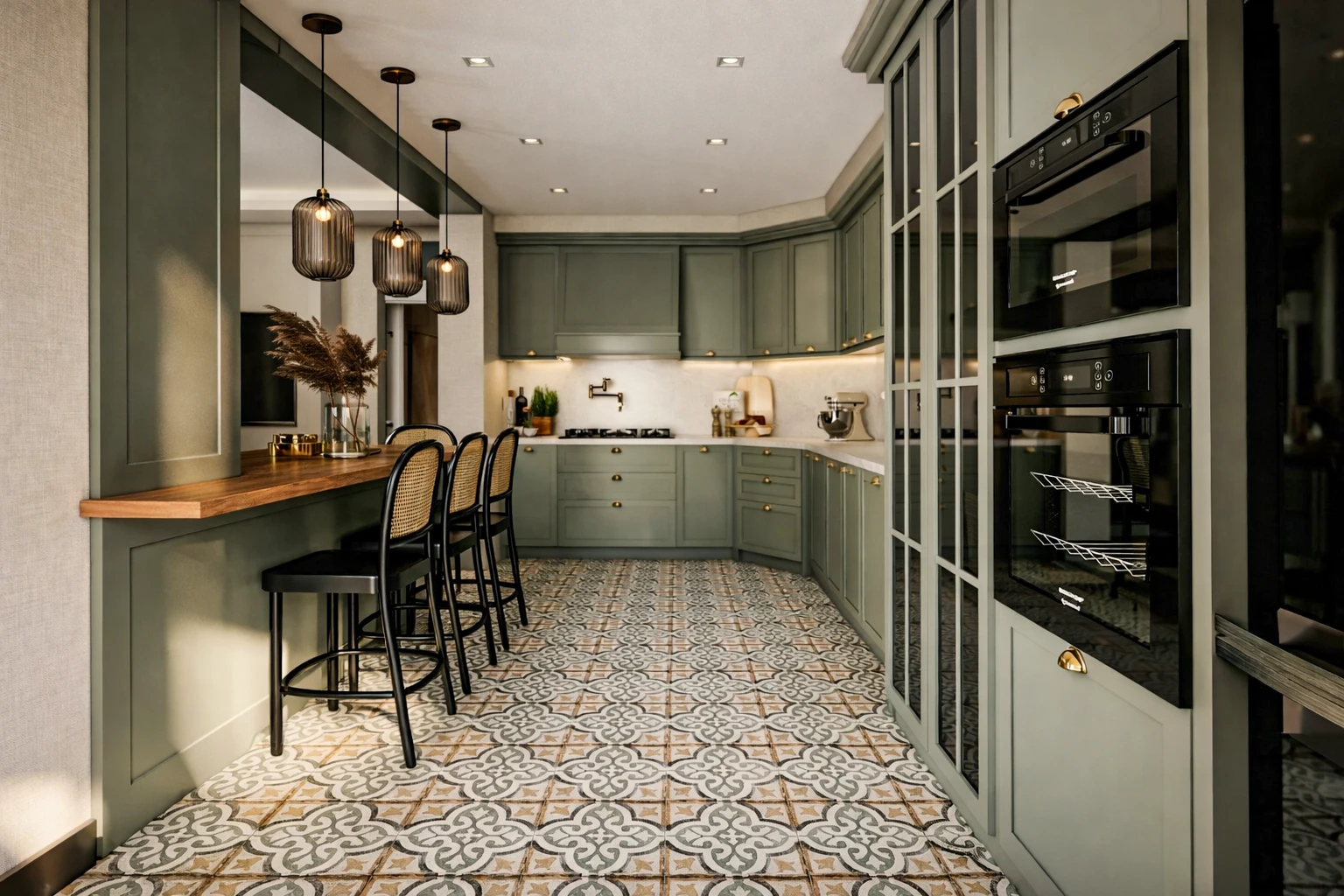 E. E. Konut mutfak, yeşil shaker dolap, desenli yer karosu, kafes avize ve bar tezgahı