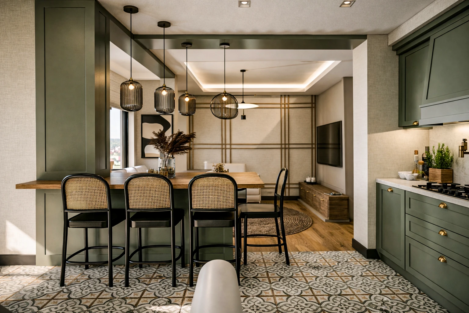 E. E. Konut mutfak geniş açı, L tezgah, ankastre fırın ünitesi ve bar oturma alanı