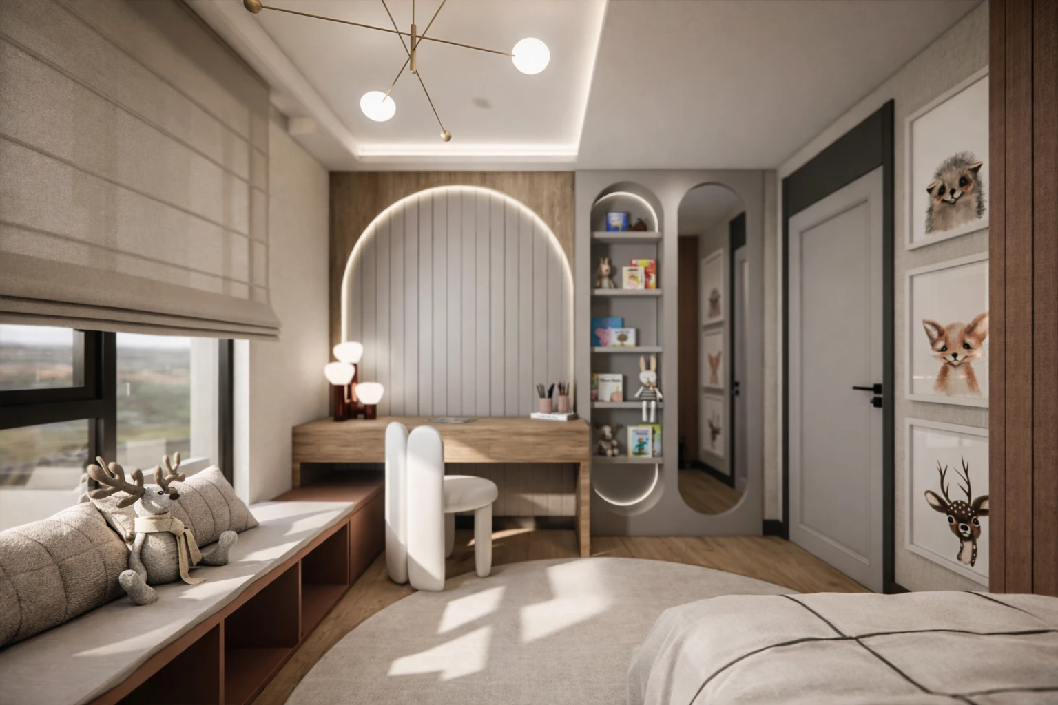 E. E. Konut çocuk odası, kemer başlık paneli, çalışma masası, kitaplık nişi ve hayvan tabloları