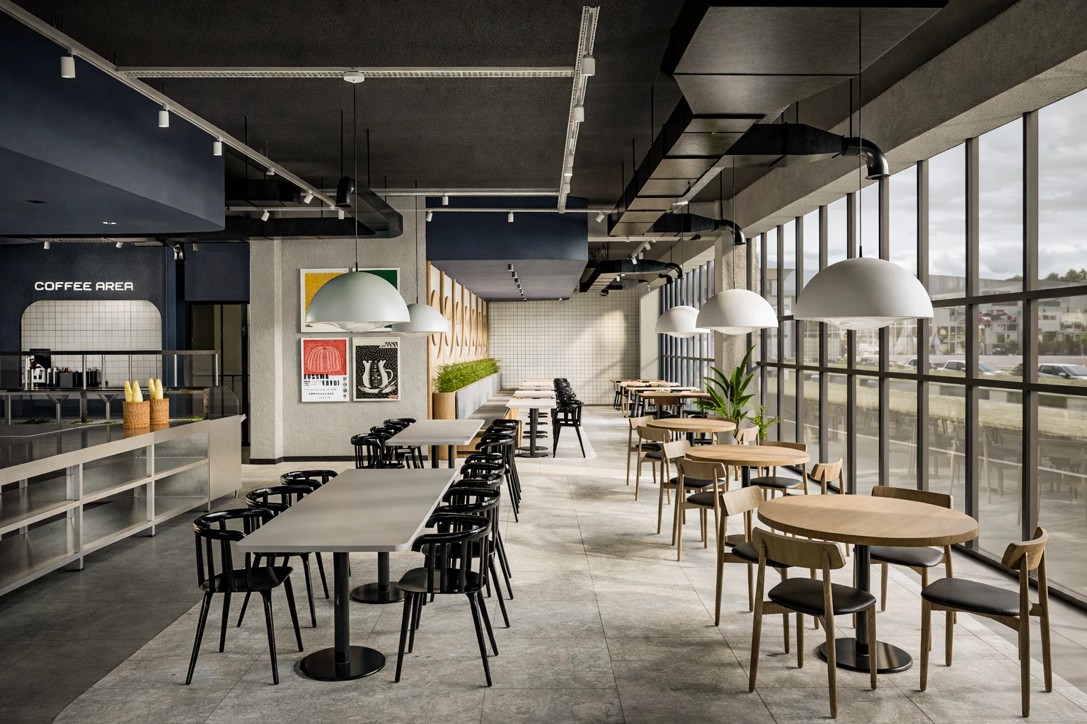 ARS Rulman yemekhane ve coffee area, kubbe avizeler, retro posterler ve meşe yemek masaları