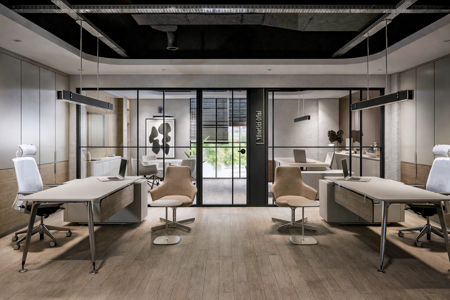 ARS Rulman 1. kat ofis III, terracotta wing chair, LED sütun aydınlatma ve slat tavan