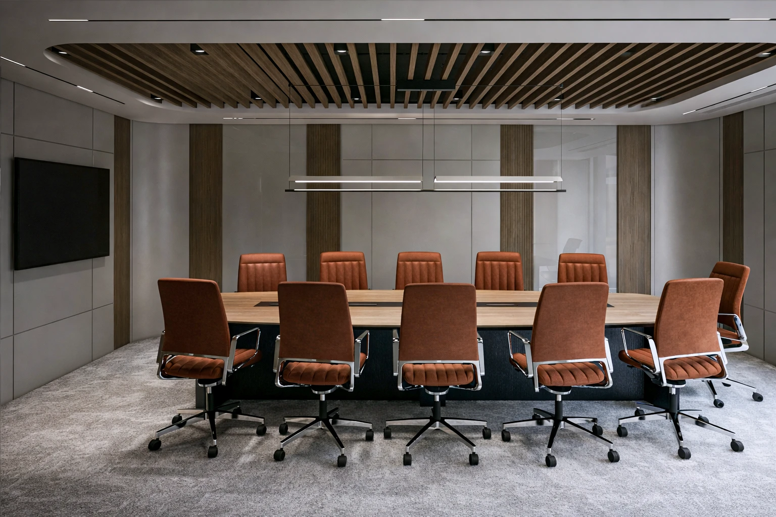ARS Rulman 1. kat toplantı odası, terracotta sandalyeler, ahşap slat tavan ve lineer avize