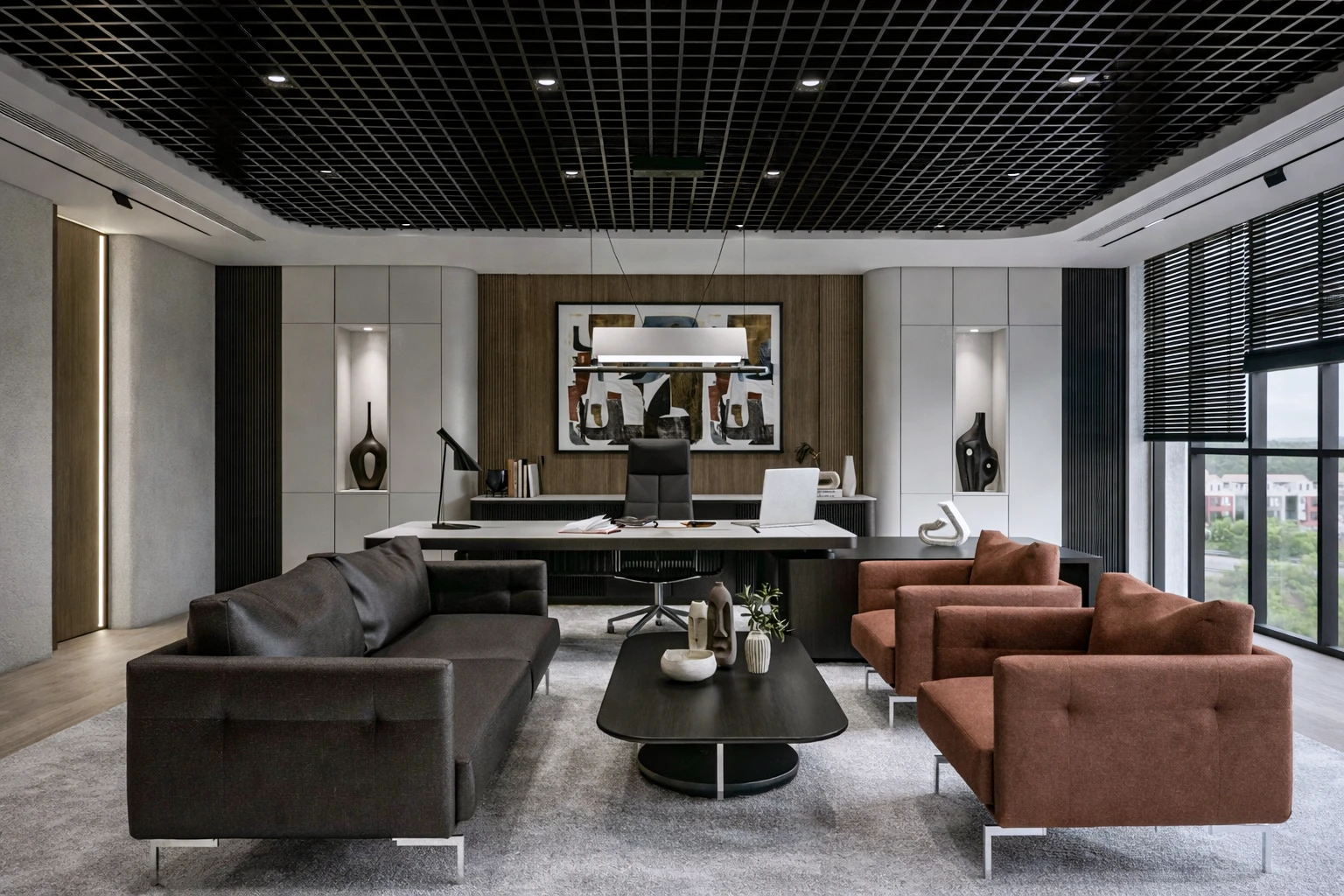 ARS Rulman 1. kat yönetim ofisi, kahverengi deri koltuklar, L masa ve slat tavan