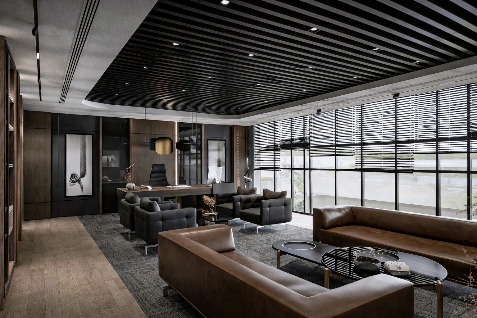 ARS Rulman 2. kat yönetim ofisi I, siyah deri sandalyeler, meşe toplantı masası ve slat tavan