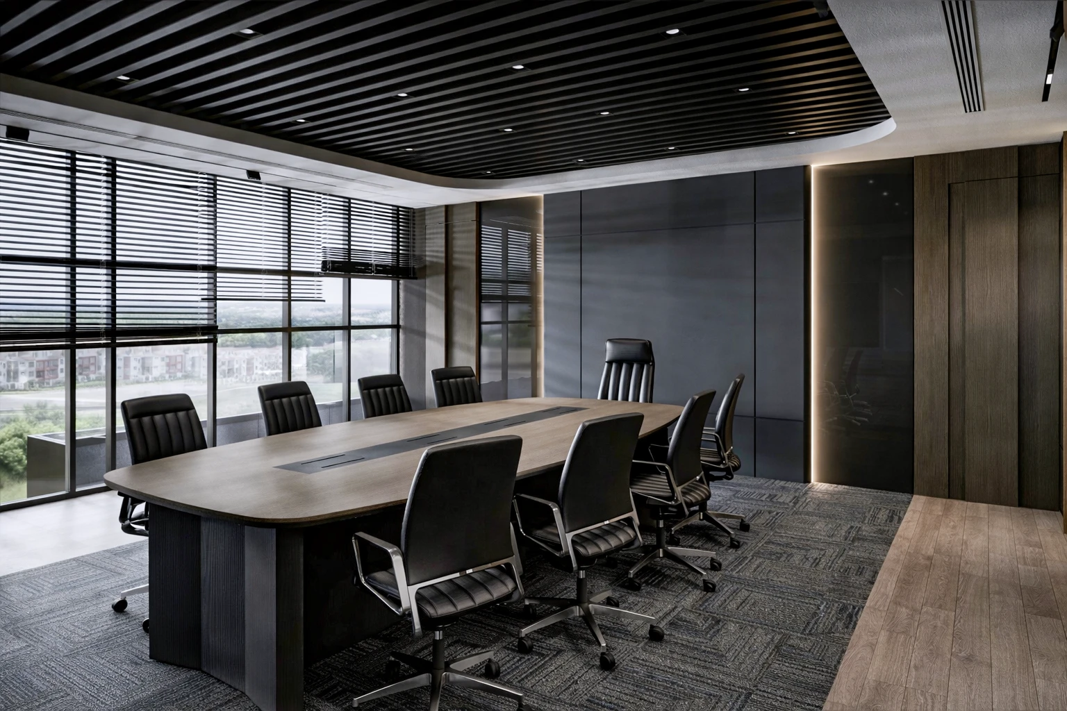 ARS Rulman 2. kat yönetim ofisi III, siyah deri sandalyeler, geniş toplantı masası ve TV ekranı