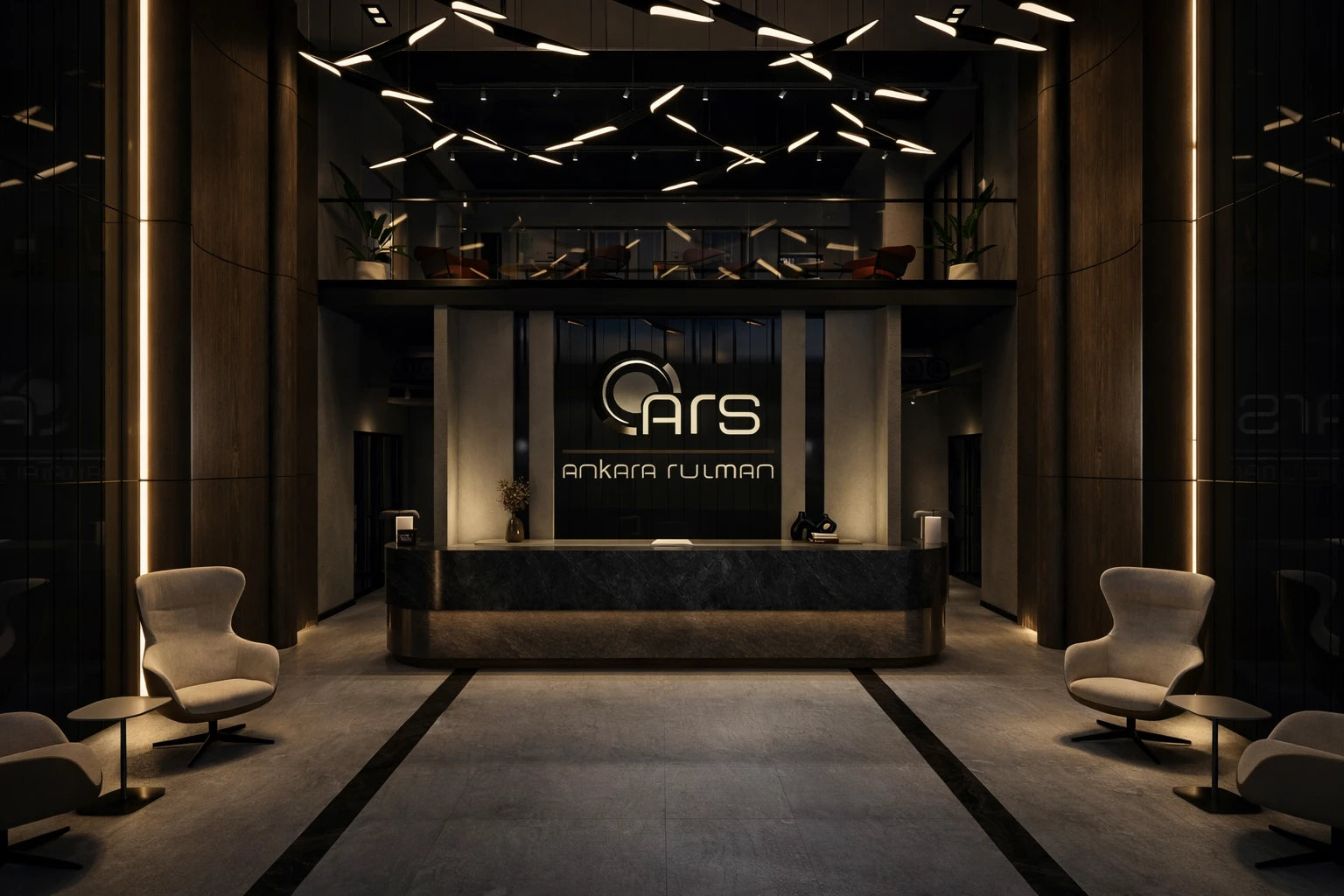 ARS Rulman kurumsal ofis lobisi, çift yükseklik giriş, mermer resepsiyon bankı, ARS logosu ve dekoratif kuş avizeler, Ruler İç Mimarlık Ankara