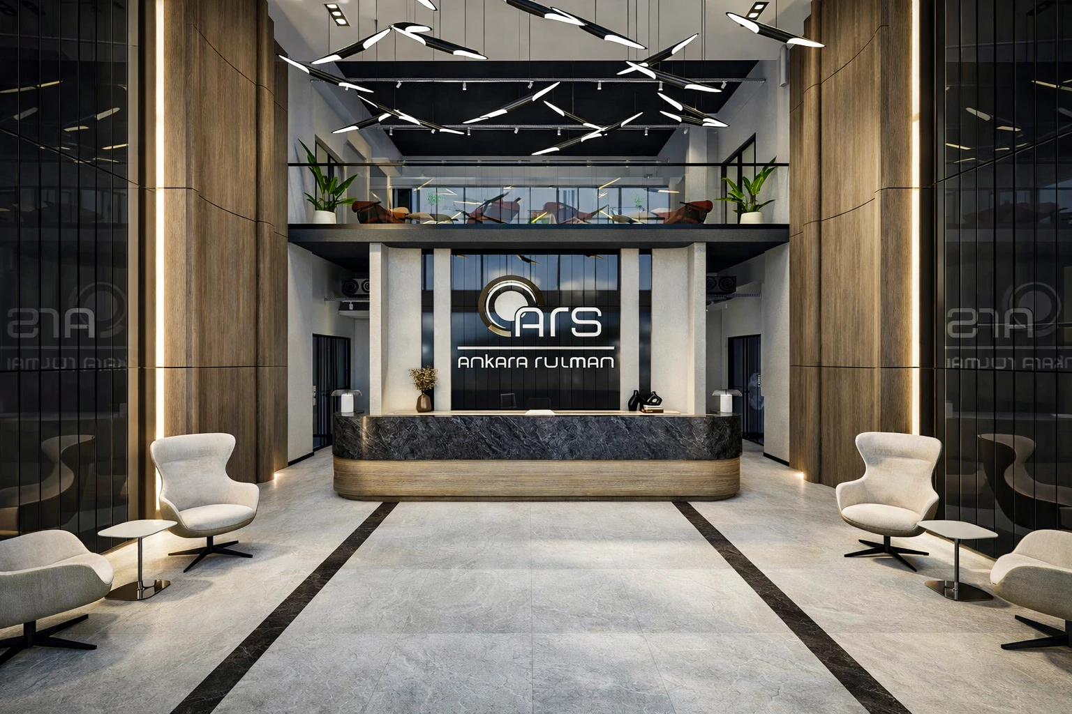 ARS Rulman ofis lobisi, çift yükseklik giriş, mermer resepsiyon bankı, ARS logosu ve kuş avizeler