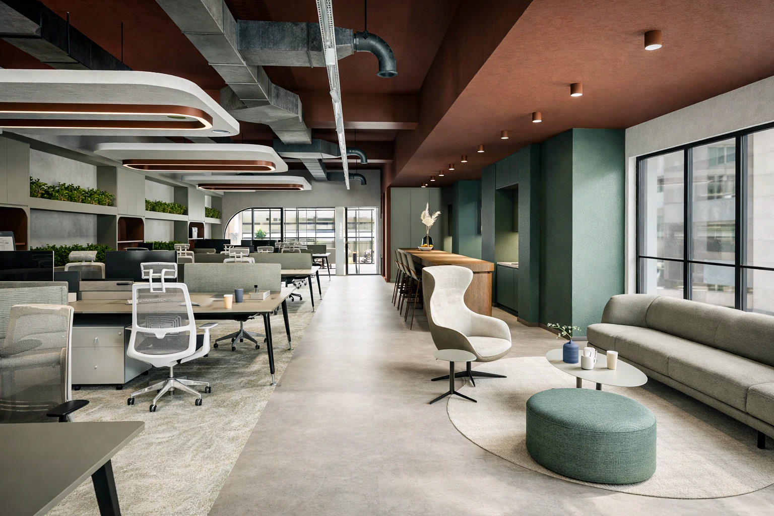 ARS Rulman açık ofis, çalışma masaları, bar tezgahı, yeşil duvar ve oturma grubu