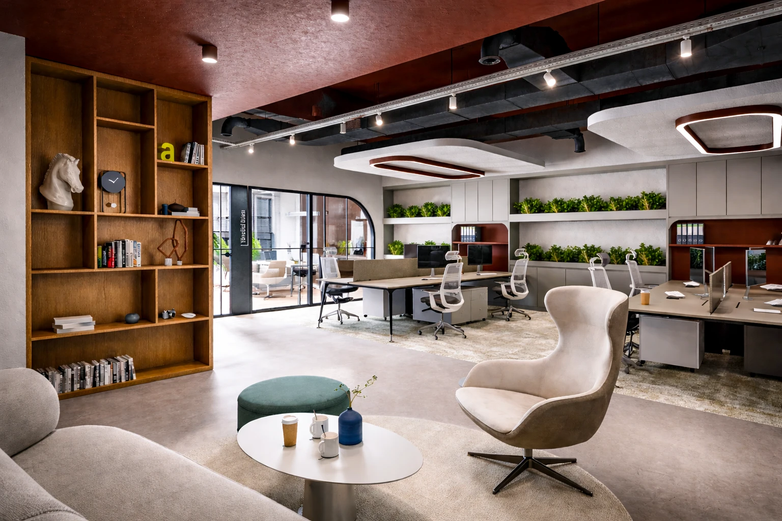 ARS Rulman açık ofis, kitaplık, egg chair, çalışma istasyonları ve bitki rafları