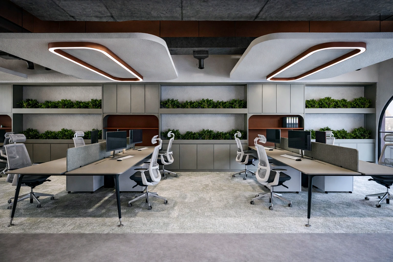 ARS Rulman açık ofis, organik LED avize, ergonomik sandalyeler ve bitki entegrasyonu