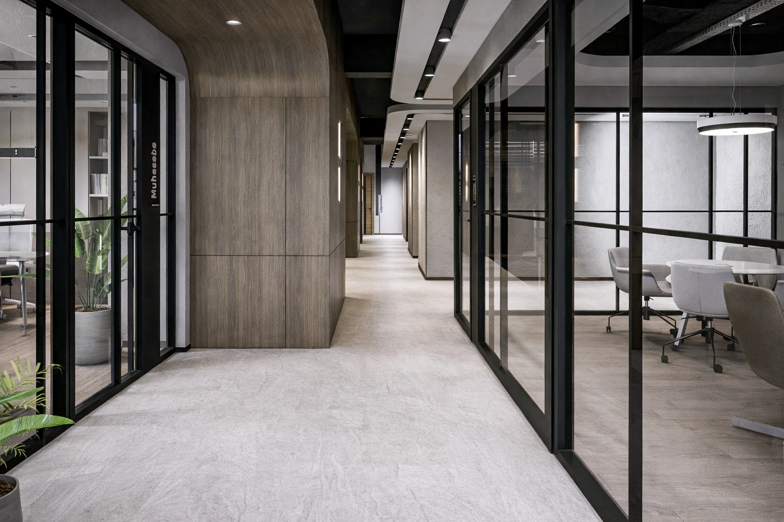 ARS Rulman 1. kat koridor, ahşap eğimli duvar paneli, cam ofis bölmeleri