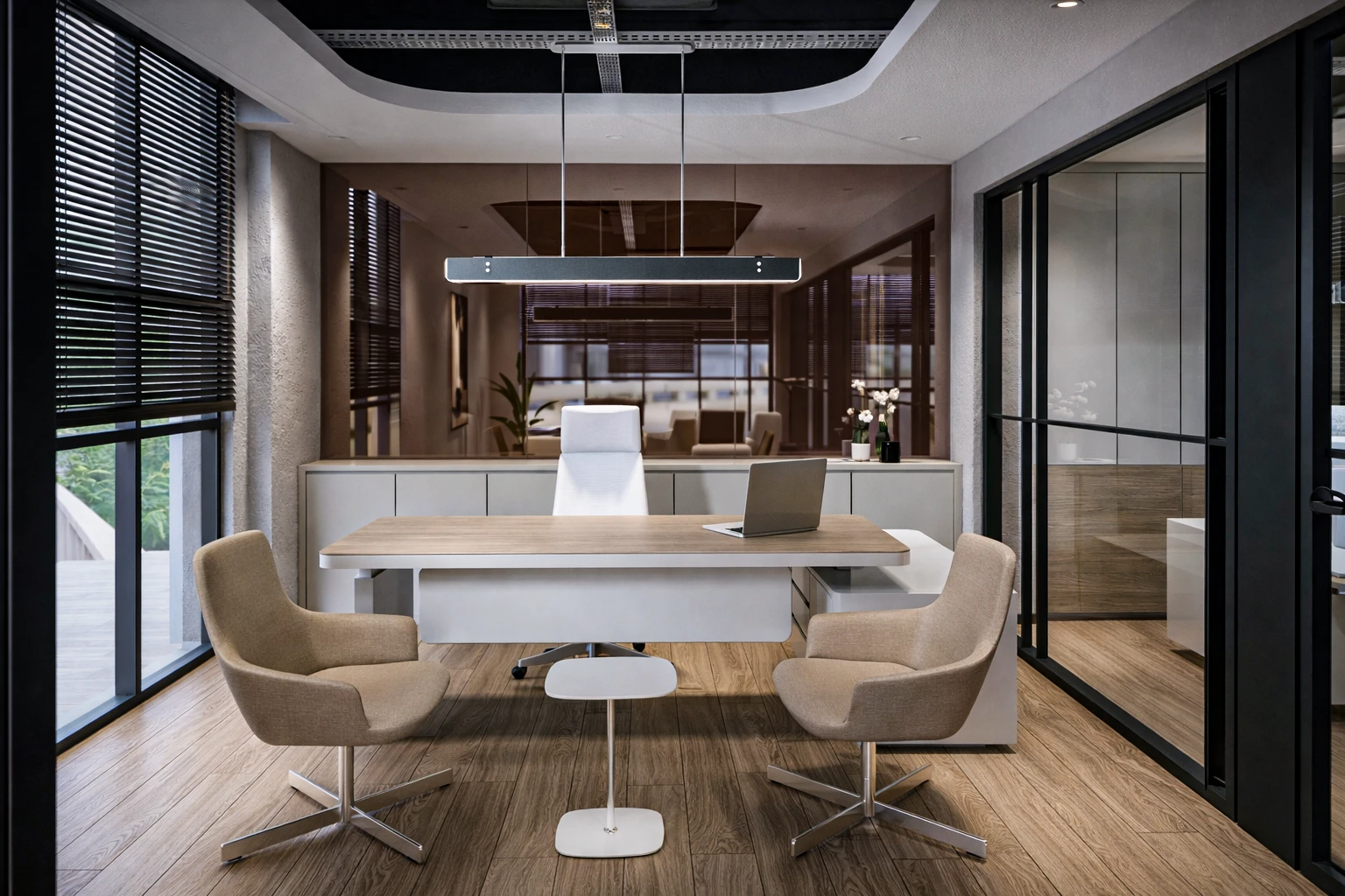 ARS Rulman 1. kat yönetici ofisi, meşe masa, bej koltuklar ve lineer avize