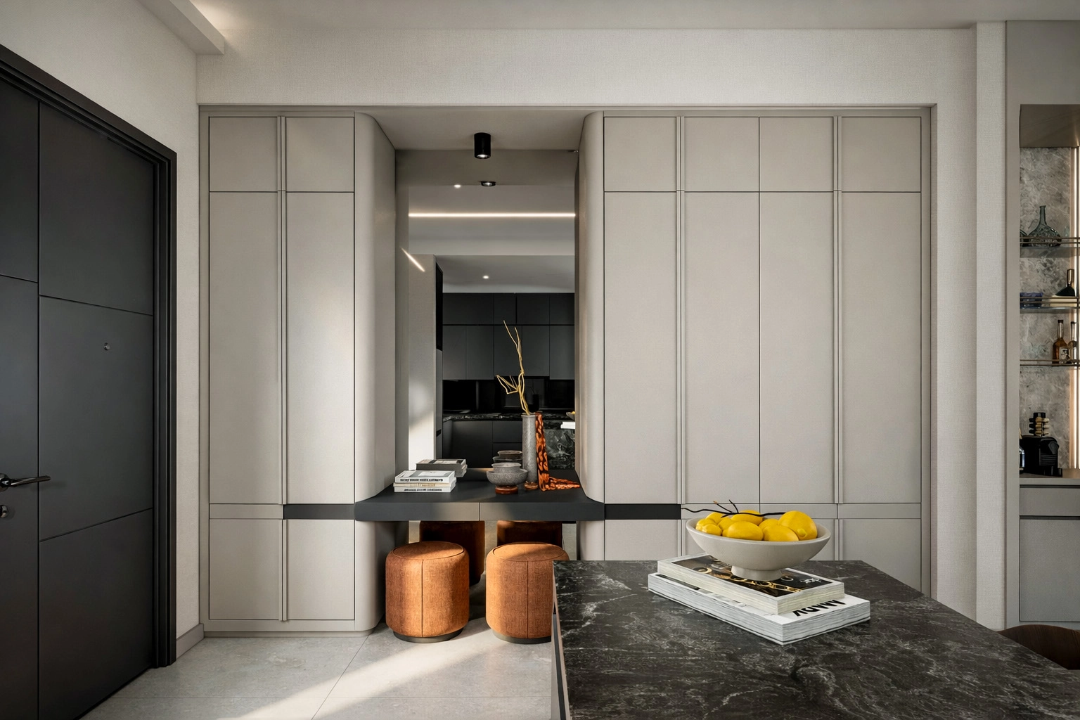 E.G. Villa giriş holü — gömme dolap sistemi ve aynalı konsol tasarımı