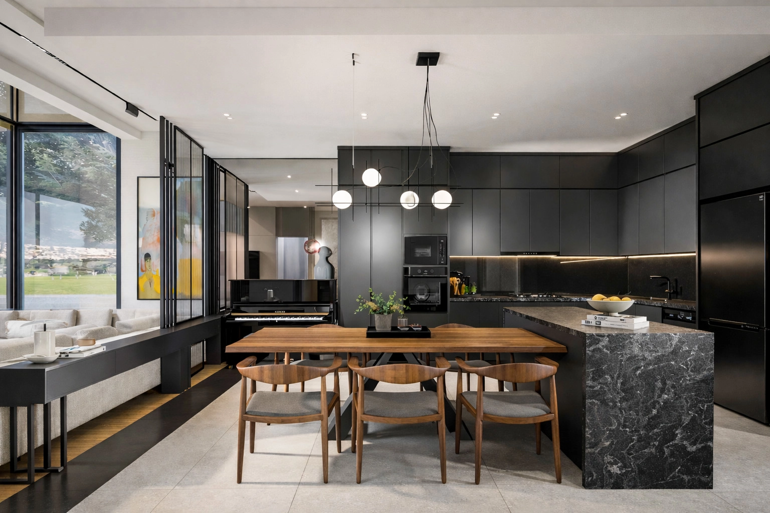 E.G. Villa açık mutfak — siyah dolap, gri mermer ada tezgah ve ceviz yemek masası