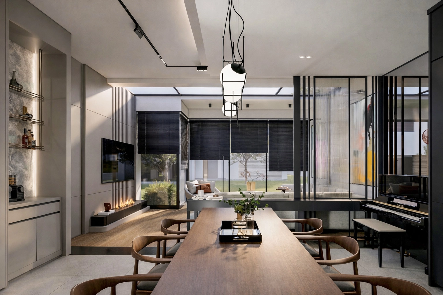 E.G. Villa yemek alanı — lineer şömine, bar ünitesi ve cam bölme ile salon geçişi