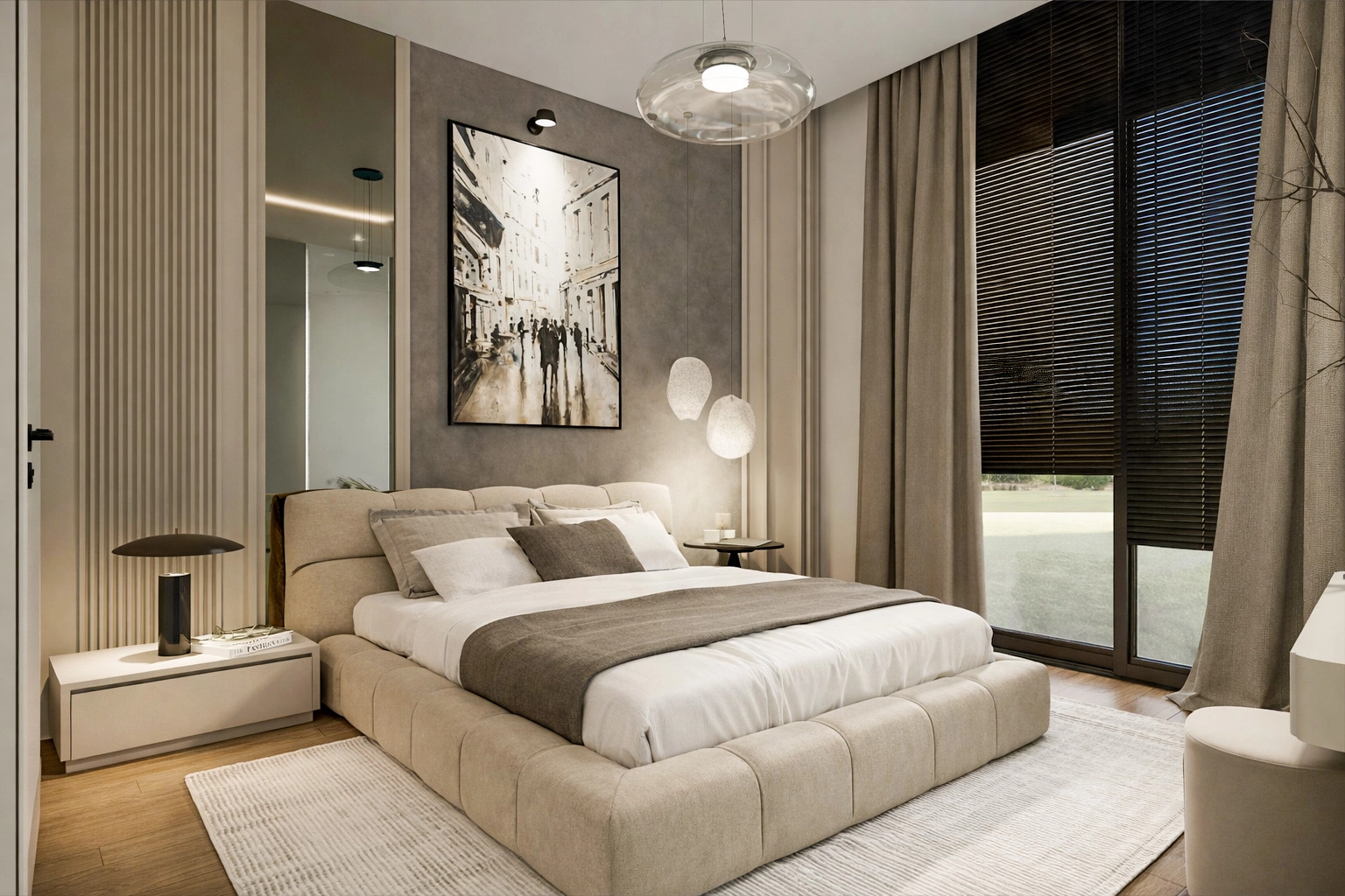 E.G. Villa master yatak odası — kapitone yatak, cam avize ve ahşap slat panel