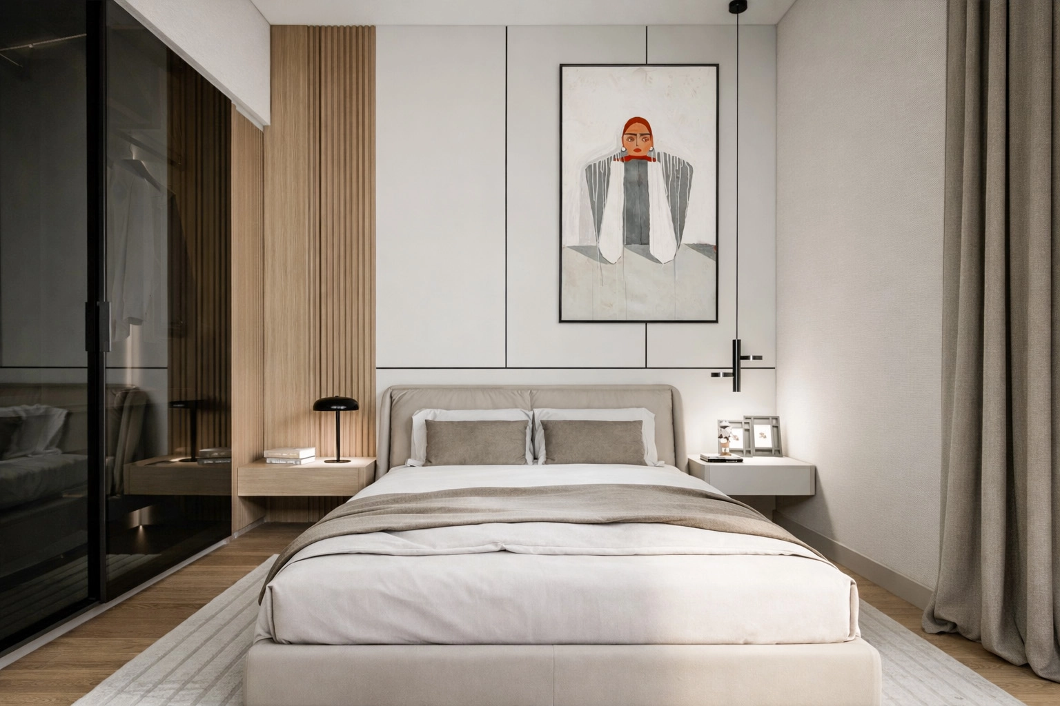 E.G. Villa yatak odası — meşe slat duvar paneli ve cam giyinme dolabı