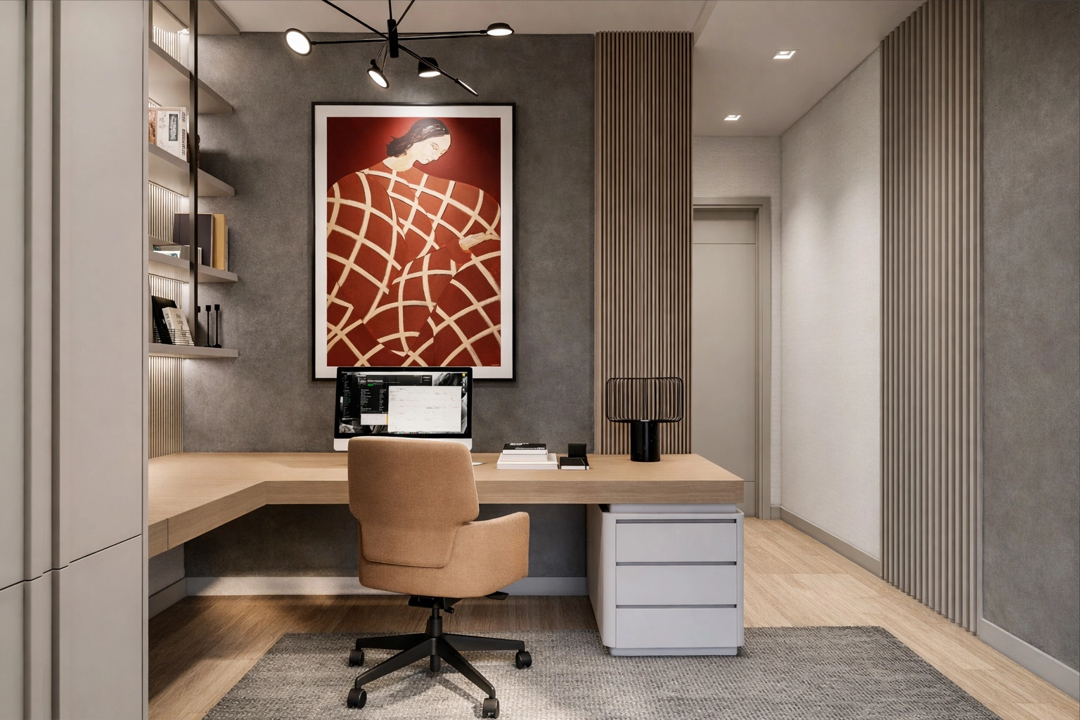 E.G. Villa çalışma odası — L masa, beton efekt duvar ve sputnik avize