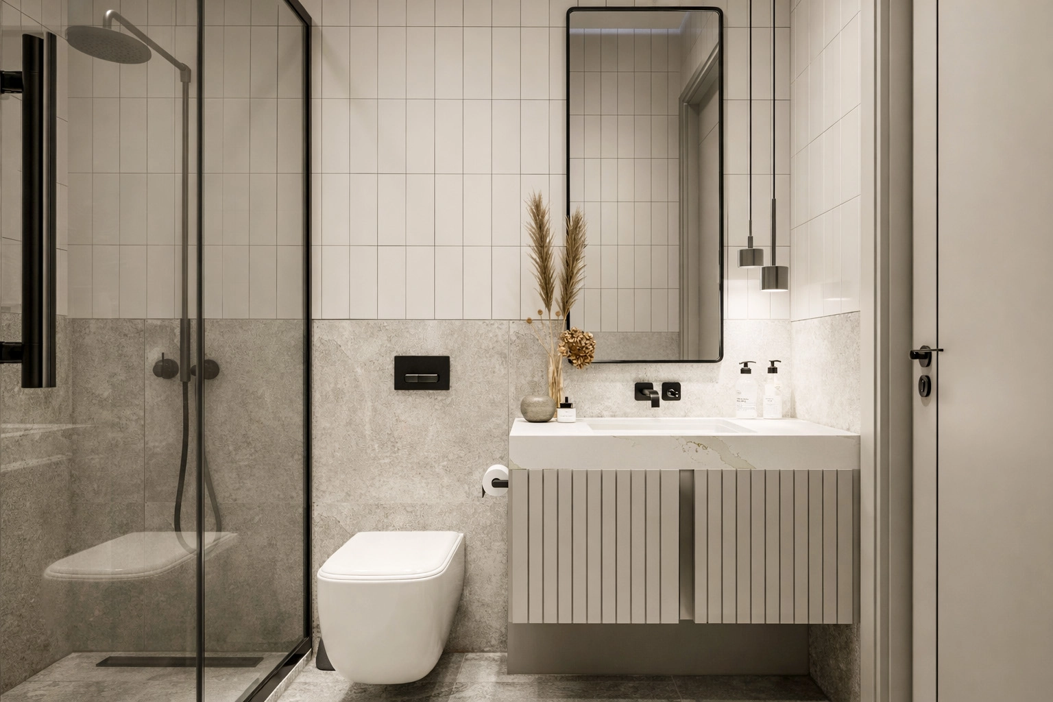 E.G. Villa banyo — doğal taş kaplama, siyah armatür ve lamel lavabo dolabı