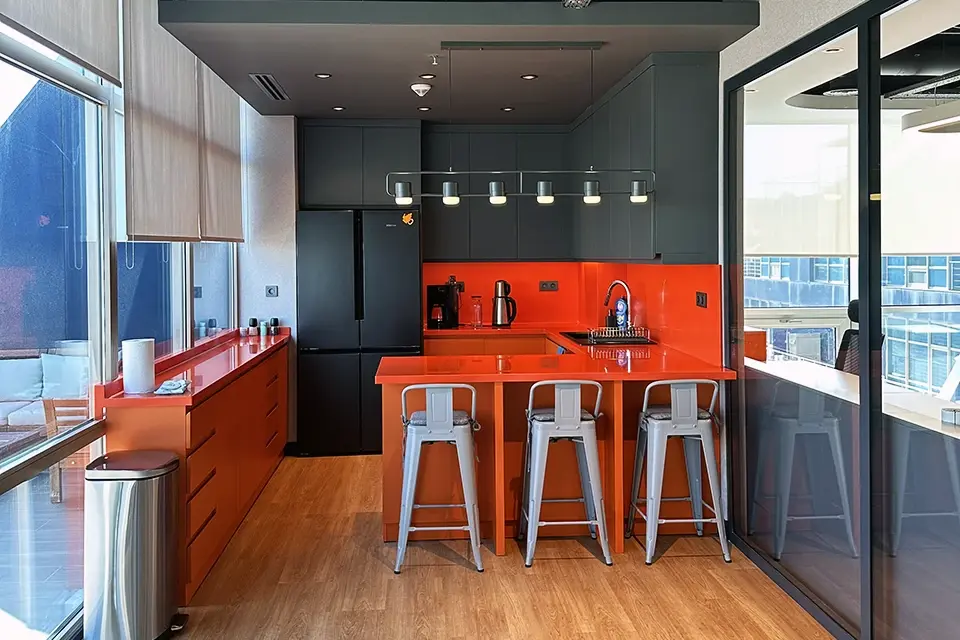 Loop Games Ofis açık ofis genel görünüm, uzun komunal masa, bitki saksısı, dairesel akustik paneller ve halı kaplama