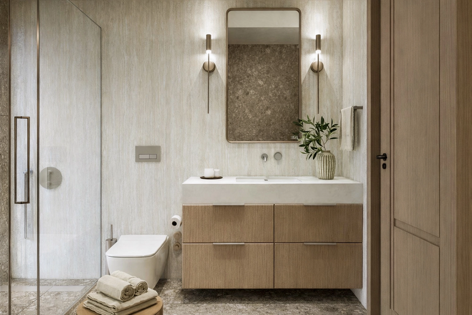 M.G. Villa banyo — travertin duvar kaplaması, meşe lavabo dolabı ve terrazzo zemin