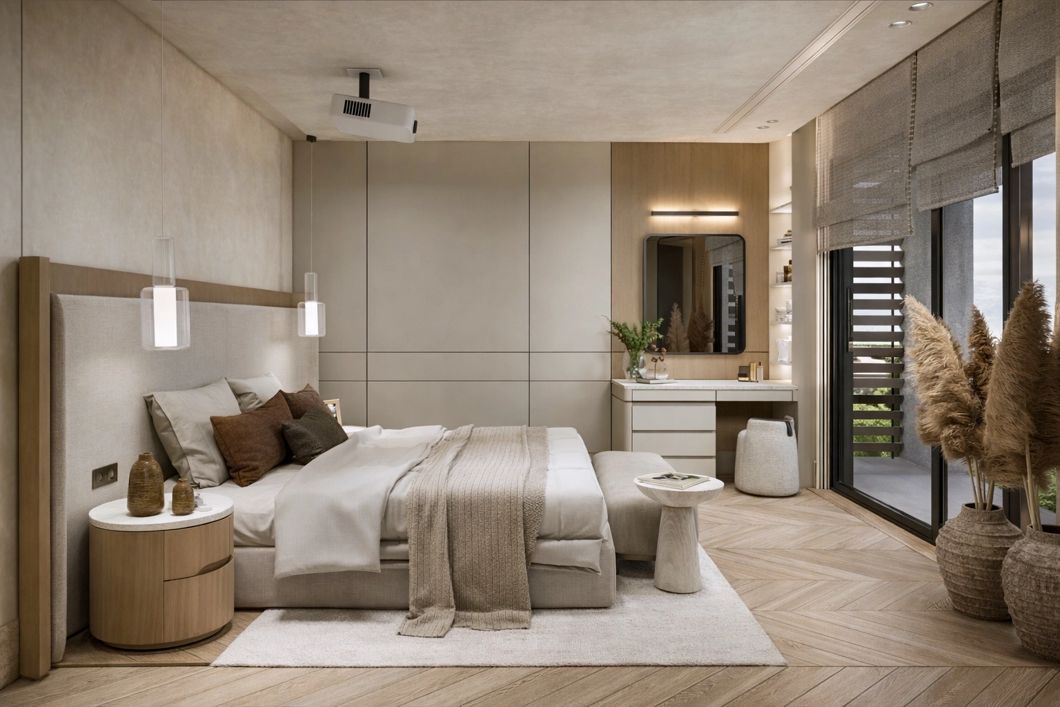 M.G. Villa master yatak odası — kumaş yatak başı, makyaj masası ve balkon bağlantısı