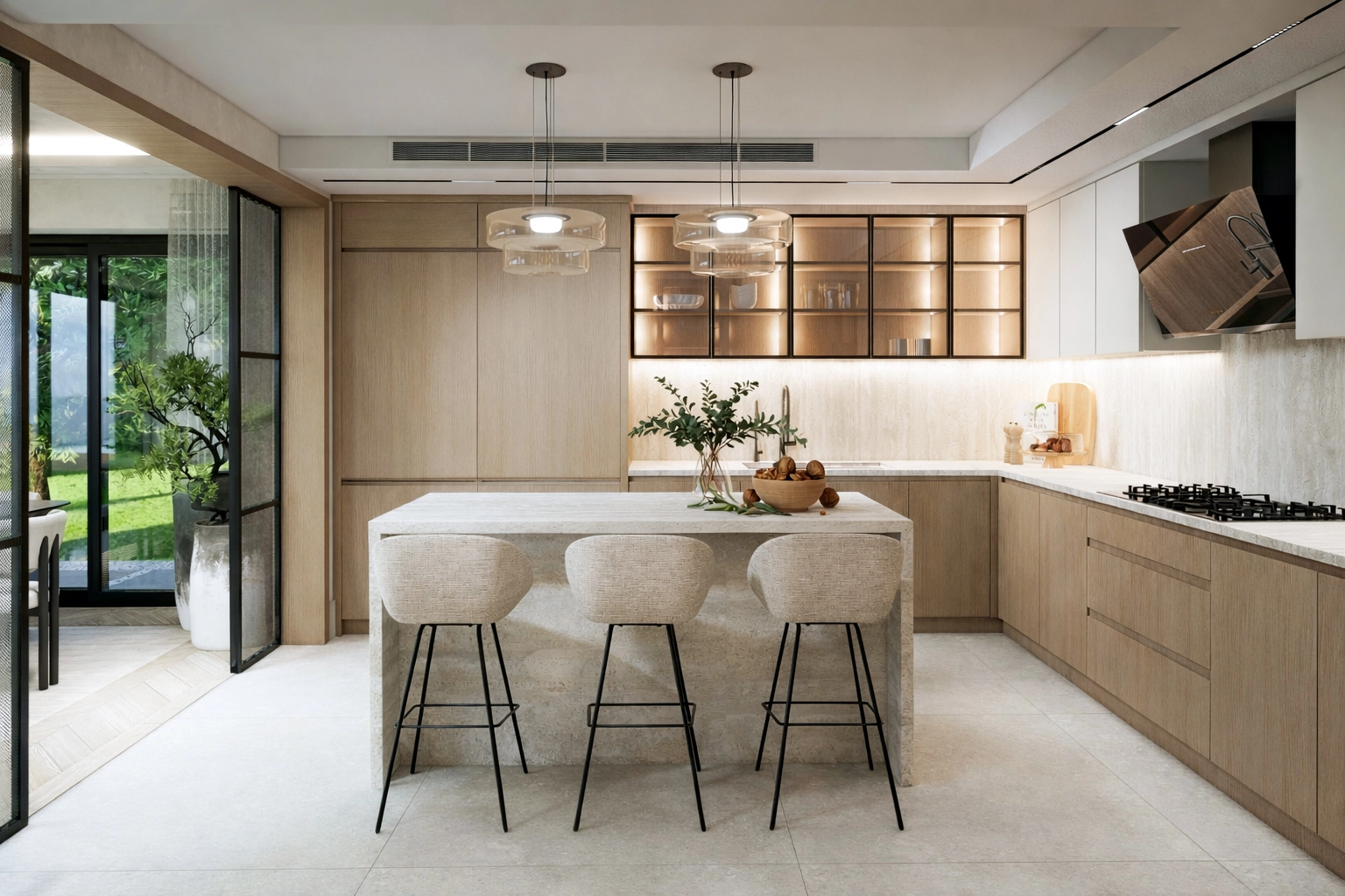 M.G. Villa mutfak genel görünüm — cam vitrinli üst dolap, taş tezgah ve bahçe bağlantısı