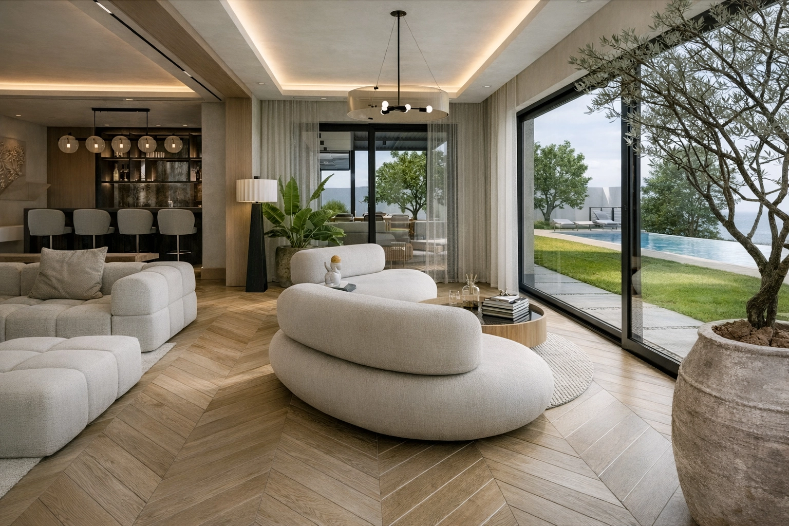 M.G. Villa — havuz manzaralı modern salon tasarımı, bouclé mobilya ve chevron meşe parke, Ruler İç Mimarlık