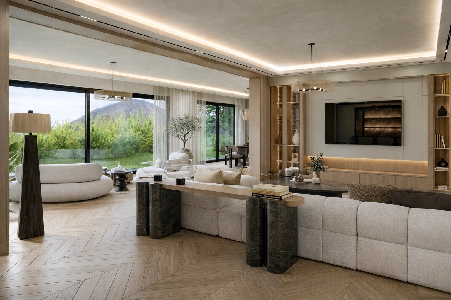 M.G. Villa salon TV duvarı — meşe gömme ünite, yeşil mermer konsol ve doğa manzarası