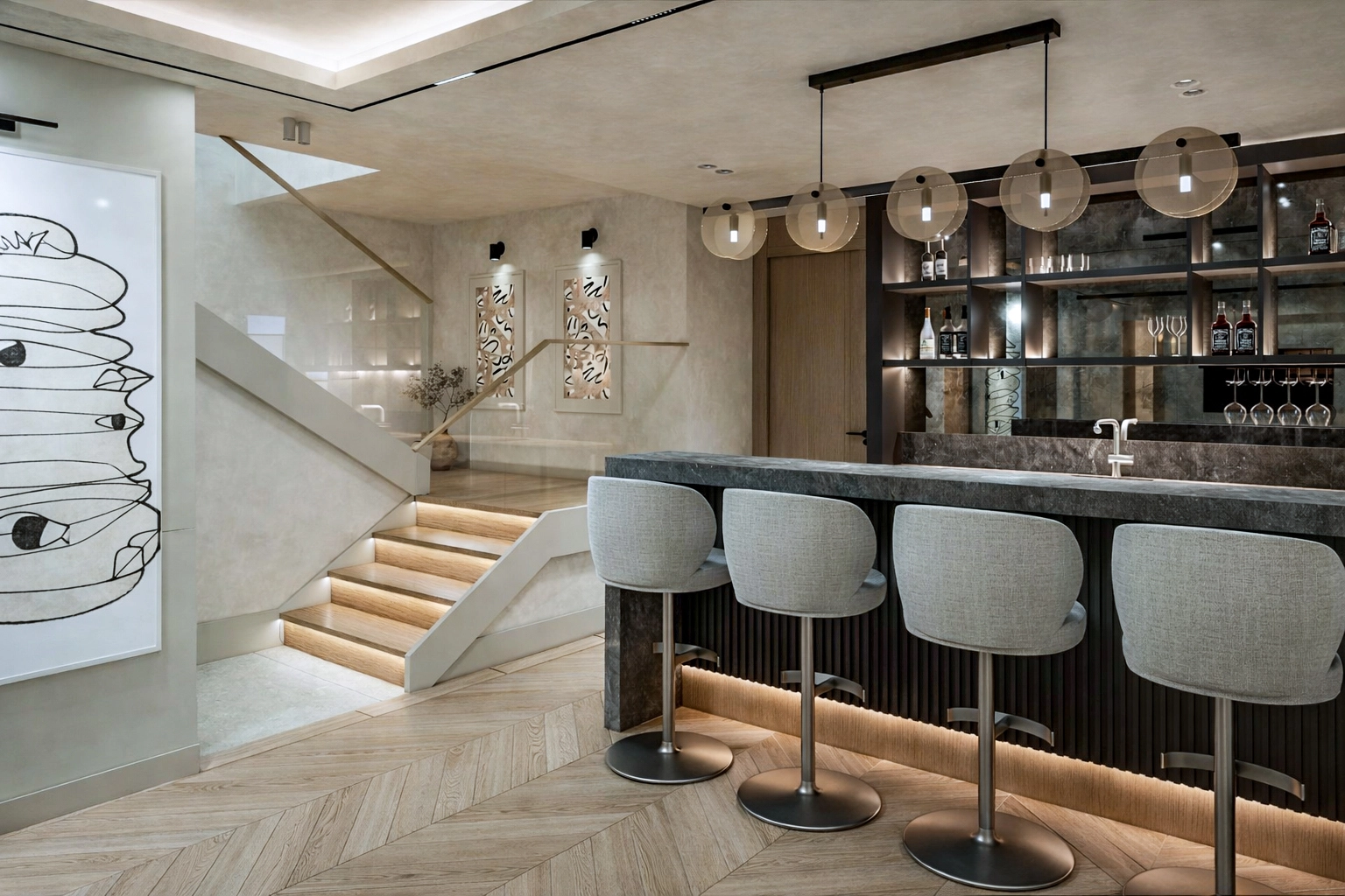 M.G. Villa merdiven ve bar alanı — koyu mermer bar tezgahı, LED aydınlatmalı basamaklar