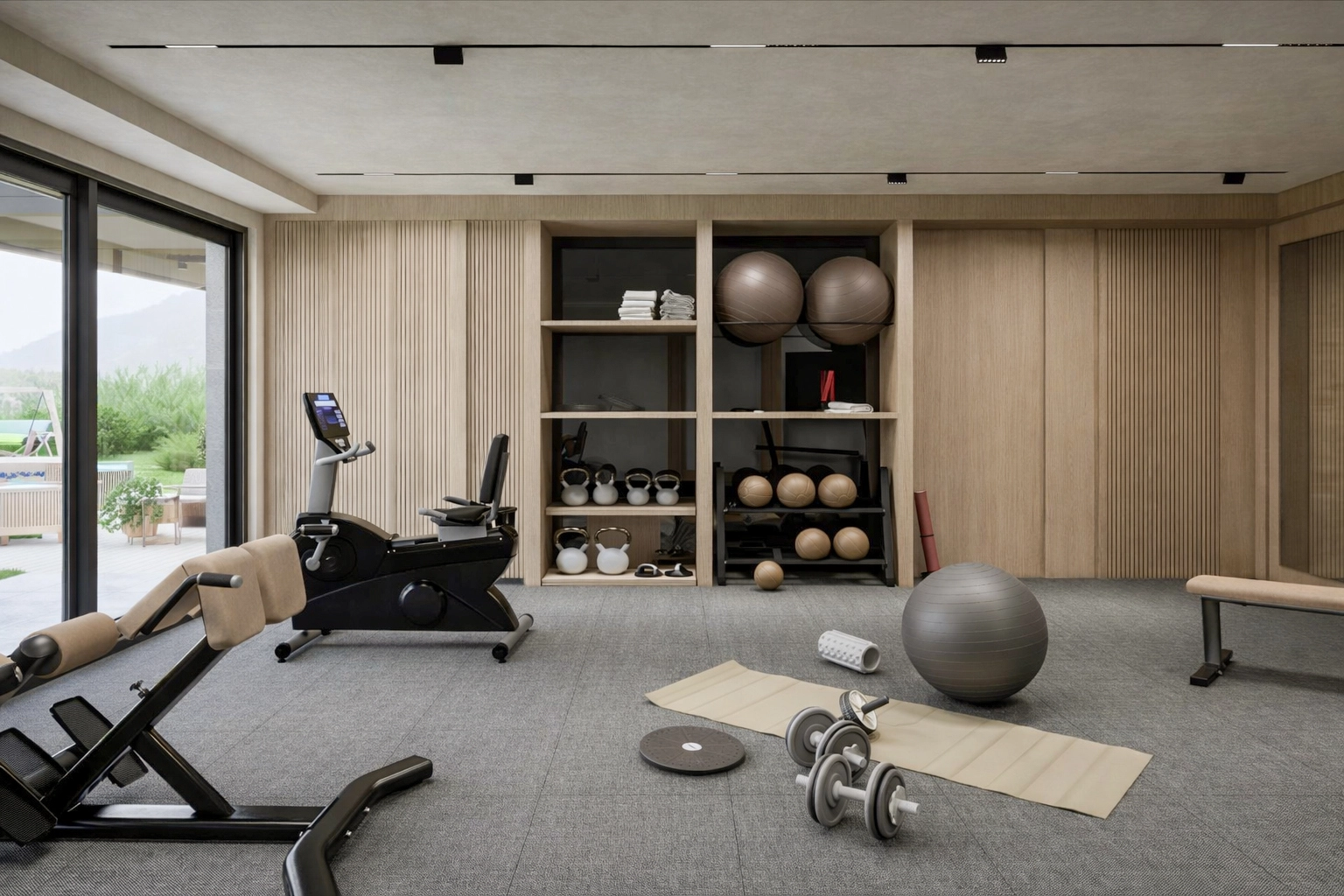 M.G. Villa fitness salonu — ahşap lamel duvar, kauçuk zemin ve gömme ekipman depolama