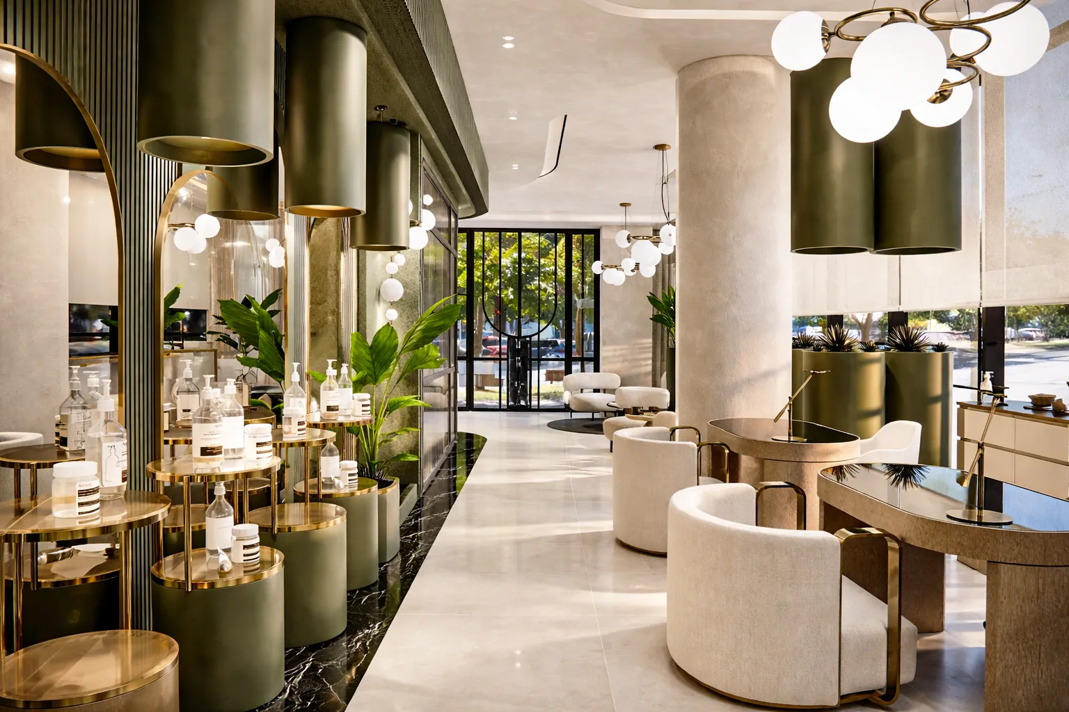 MEK Beauty karşılama ve ürün sergi alanı — haki yeşil silindirik lambalar, altın sergi standları ve bukle koltuklar