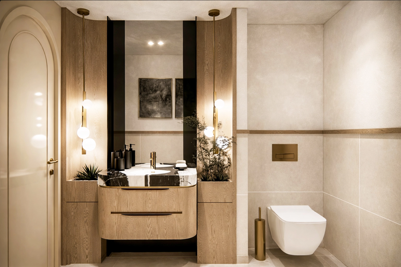 MEK Beauty lavabo — meşe dolap, panda mermer tezgak, küre sarkıt aydınlatma ve altın aksesuar