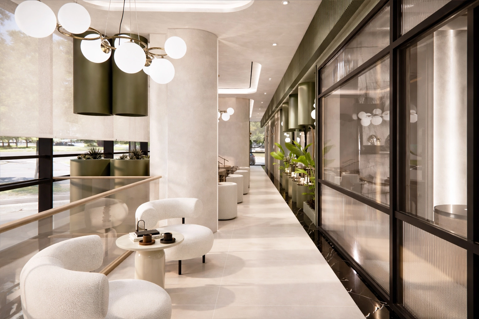 MEK Beauty Kavaklıdere — lüks güzellik merkezi bekleme alanı, bukle koltuklar ve haki yeşil silindirik aydınlatma, Ruler İç Mimarlık Ankara