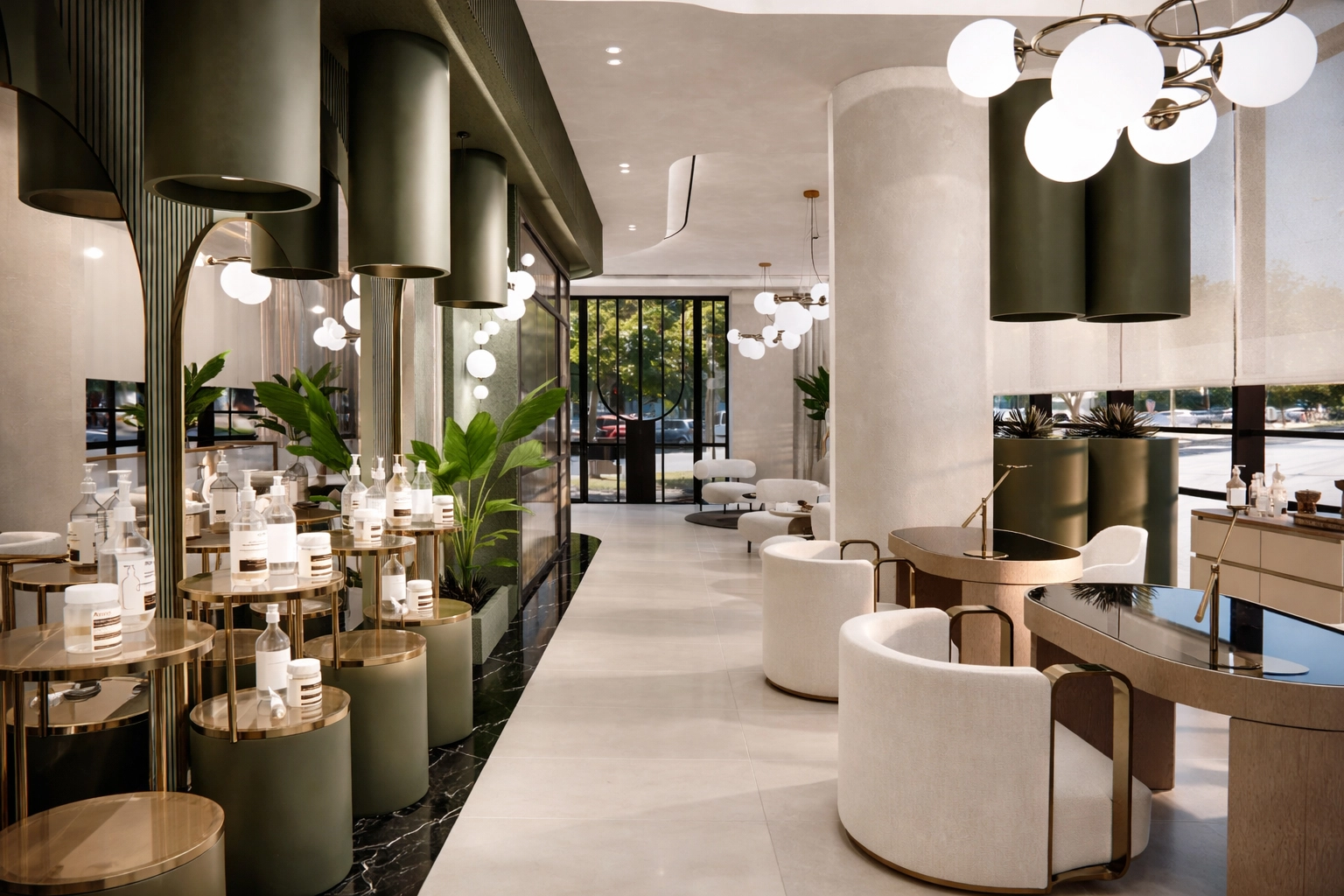 MEK Beauty genel perspektif — ürün sergi alanı, oturma grubu, siyah çerçeveli cam giriş ve tropikal bitki