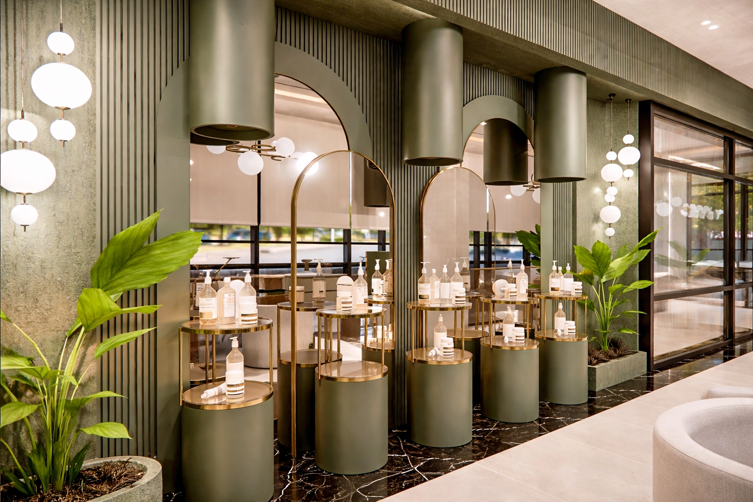 MEK Beauty ürün sergi detay — haki slat panel duvar, kemerli ayna, altın çerçeveli vitrin ve silindirik lambalar